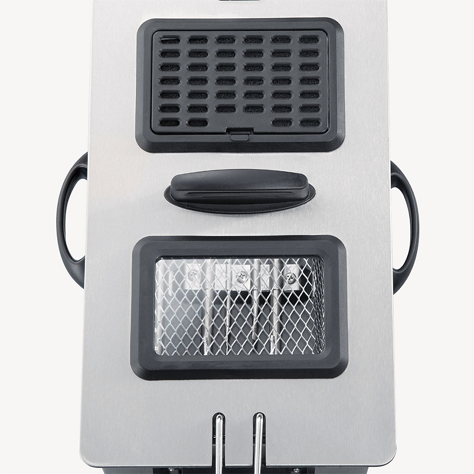 Frytownica ze stali nierdzewnej z czarnymi plastikowymi elementami. U góry pokrywa wentylacyjna i uchwyt.