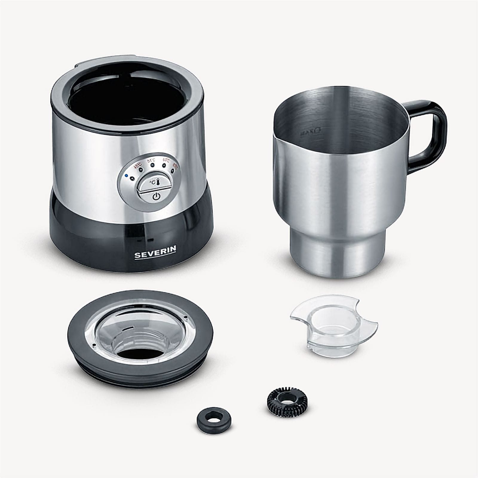 Image of a milk frother. Components include a base, jug, lid, and other parts. The jug has a black handle.