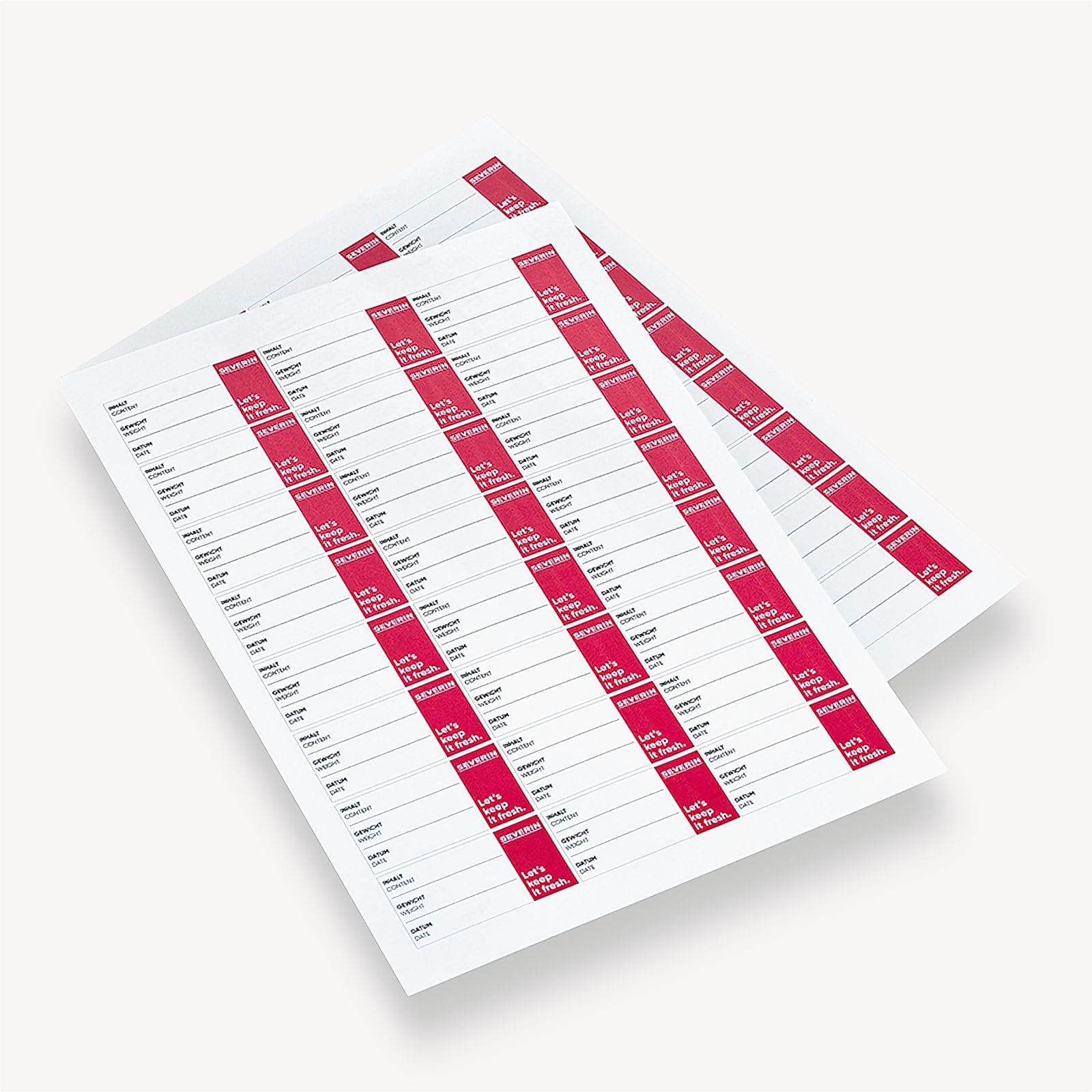 Hojas de etiquetas, fondo blanco, texto: Let's keep it fresh, Severin, con texto rojo y blanco.