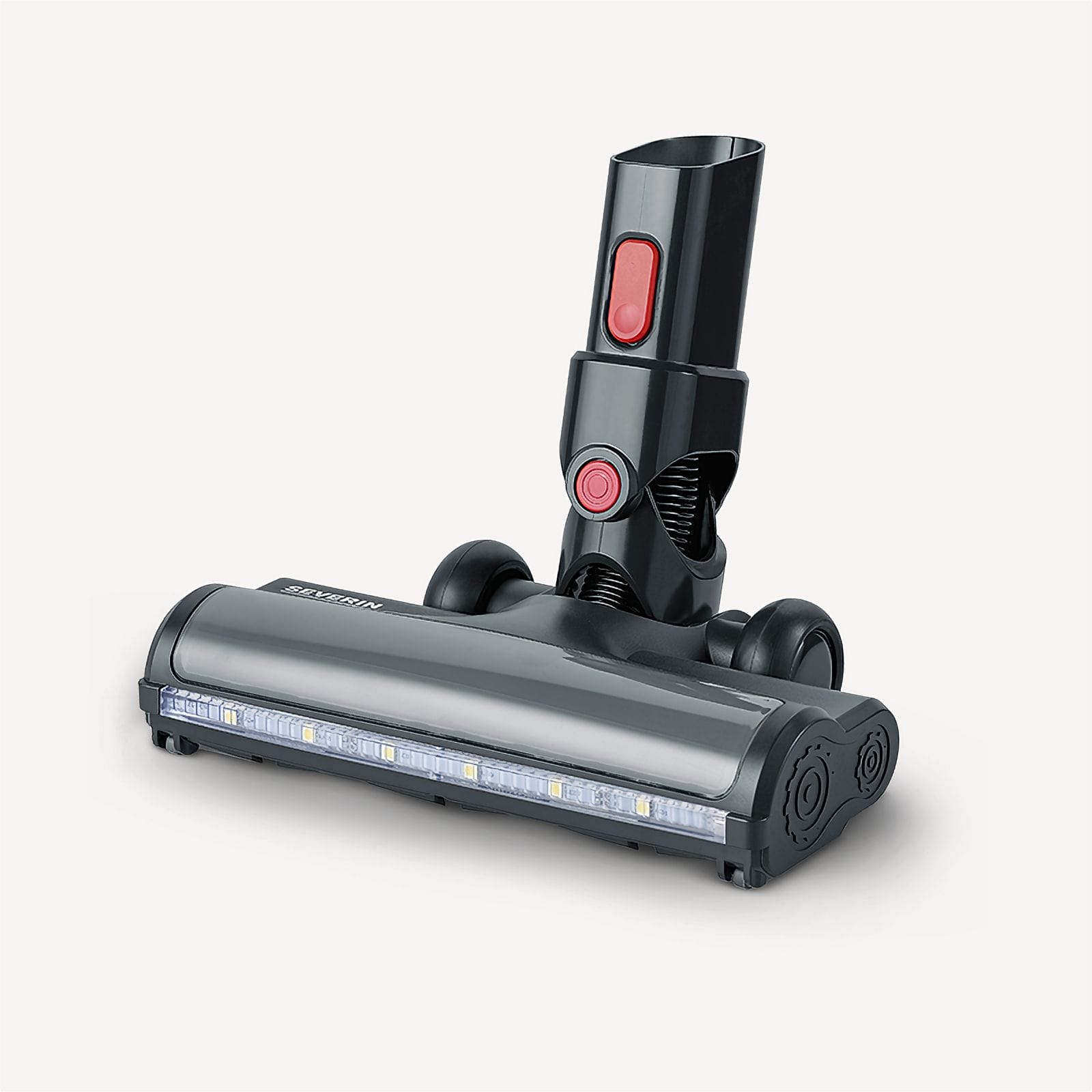 Testa di aspirapolvere nera e grigia con pulsanti rossi e luci LED. È un modello Severin su sfondo bianco.
