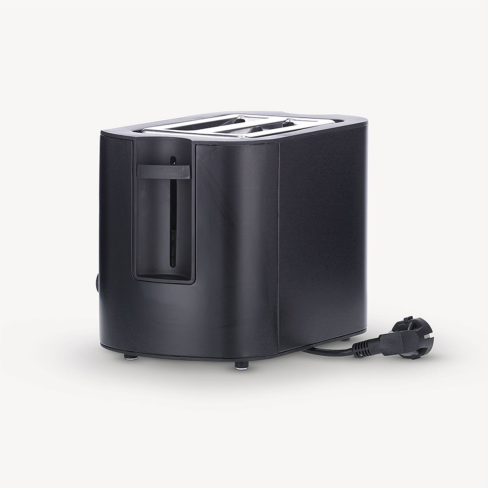 Schwarzer Toaster mit zwei Schlitzen, Netzkabel und Stecker. Er steht auf einer weißen Oberfläche. Der Toaster hat einen Hebel.