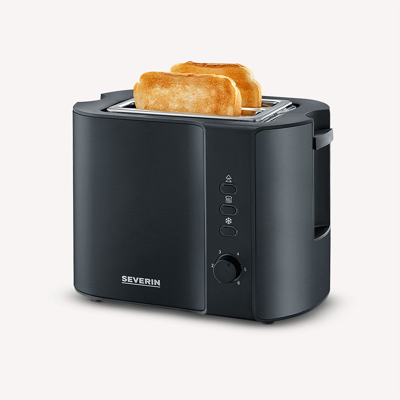 Ein schwarzer Severin-Toaster mit zwei Toastscheiben. Er hat Knöpfe und ein Wahlrad.