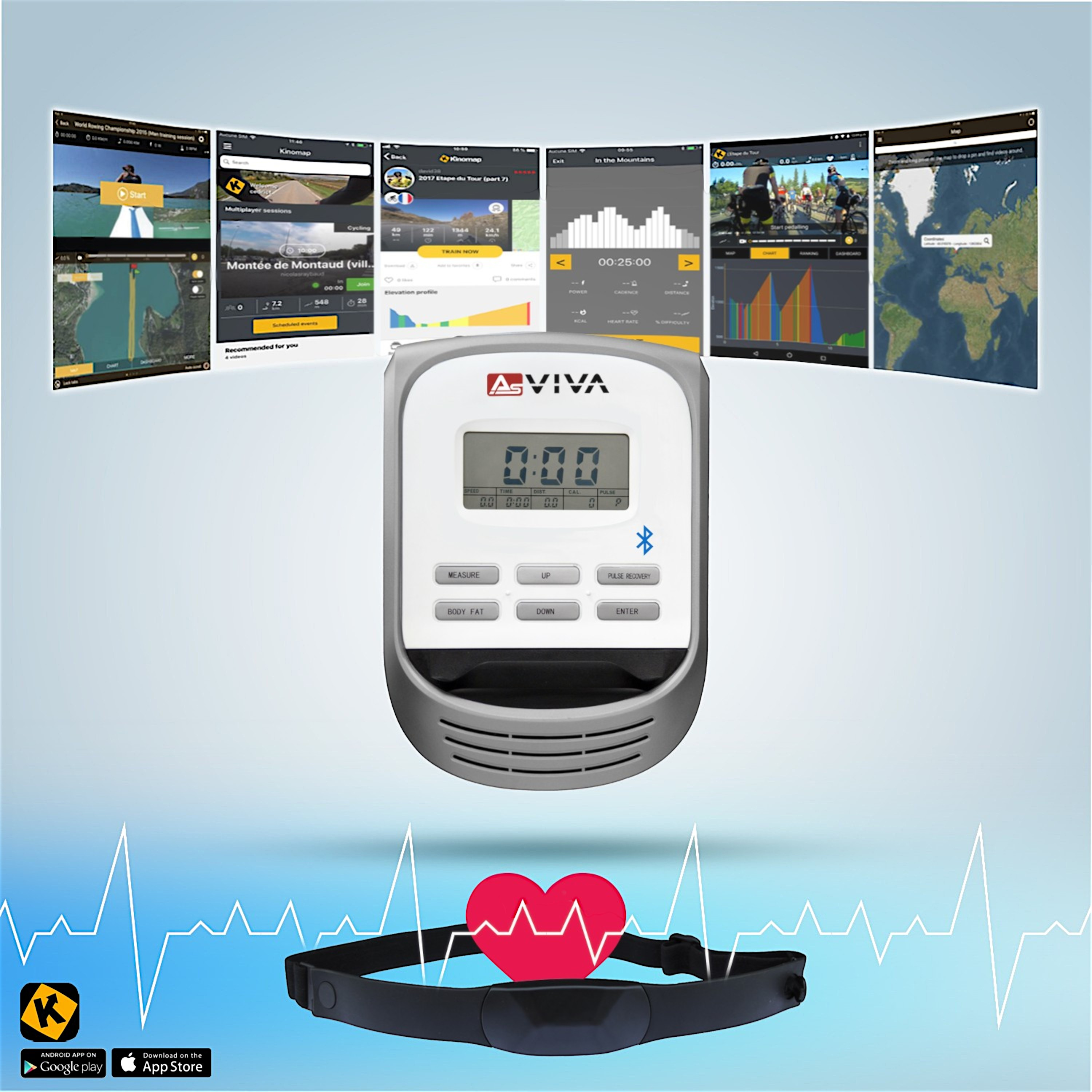 Ein Trainingsmonitor mit rotem Herzsymbol, Apps und einem Herzfrequenzgurt auf blauem Hintergrund.