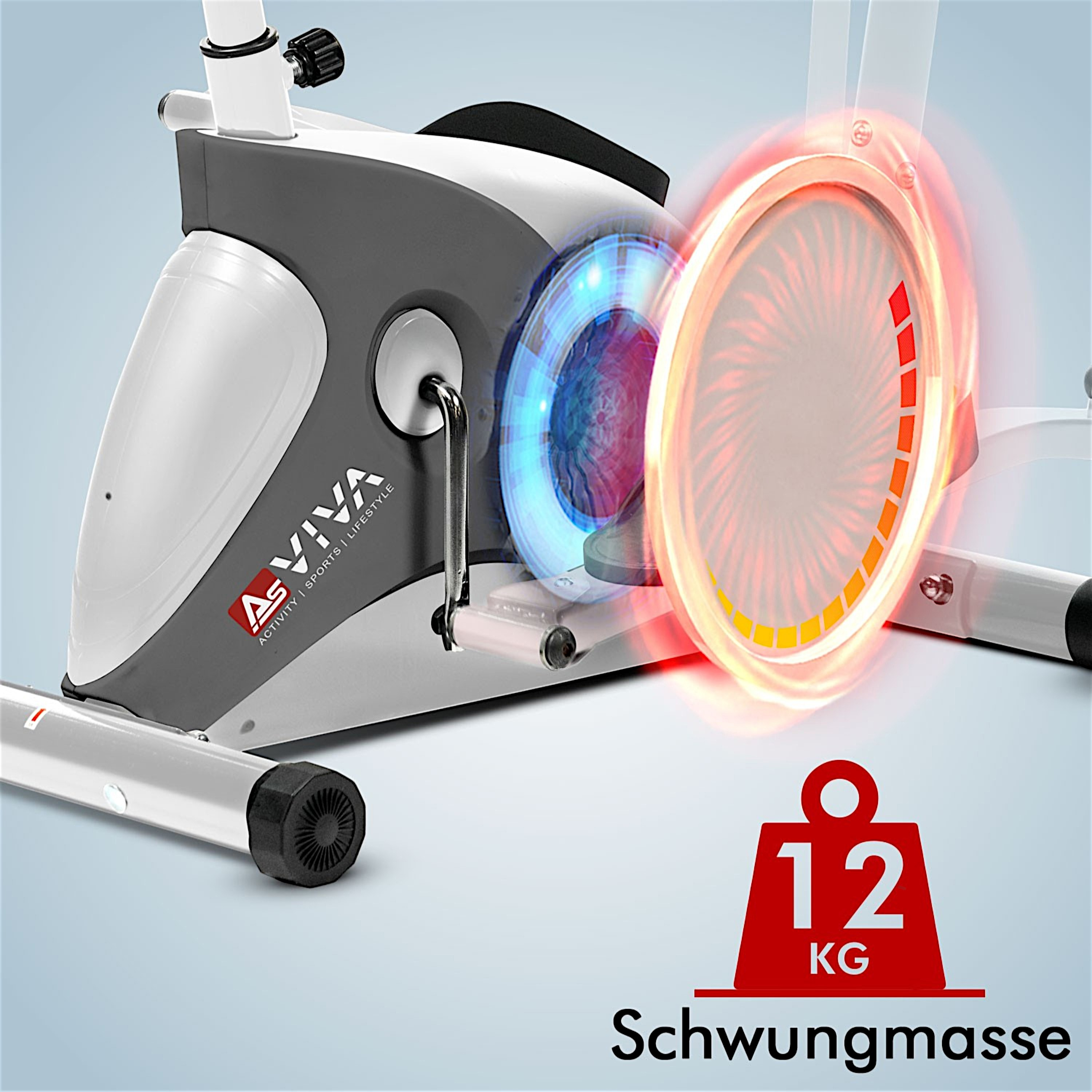 Ein Heimtrainer zeigt eine rote, orangefarbene und blaue Lichtanzeige. Das Gewicht beträgt 12 kg. Text lautet 'Schwungmasse'.