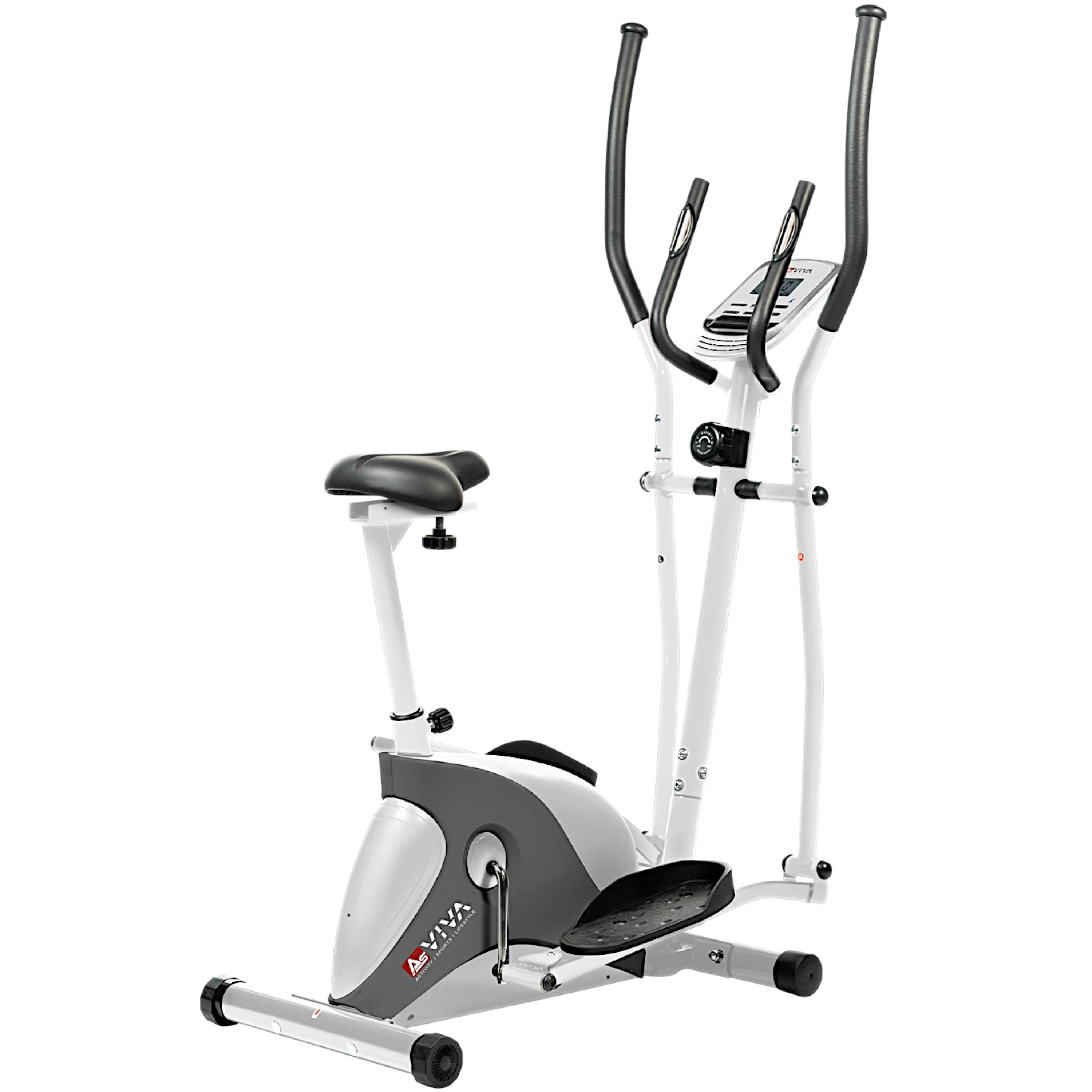 Ein Crosstrainer. Weiß-grauer Rahmen mit schwarzen Griffen, Sitz und Fußstützen. Digitalanzeige.