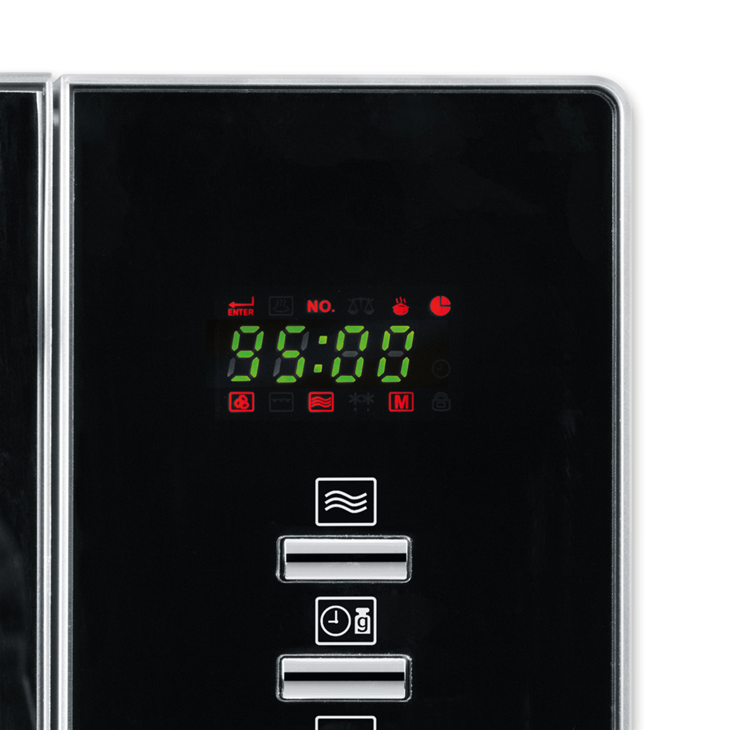 Czarny panel sterowania kuchenki mikrofalowej z cyfrowym wyświetlaczem '00:00'. Istnieją różne ikony i przyciski.