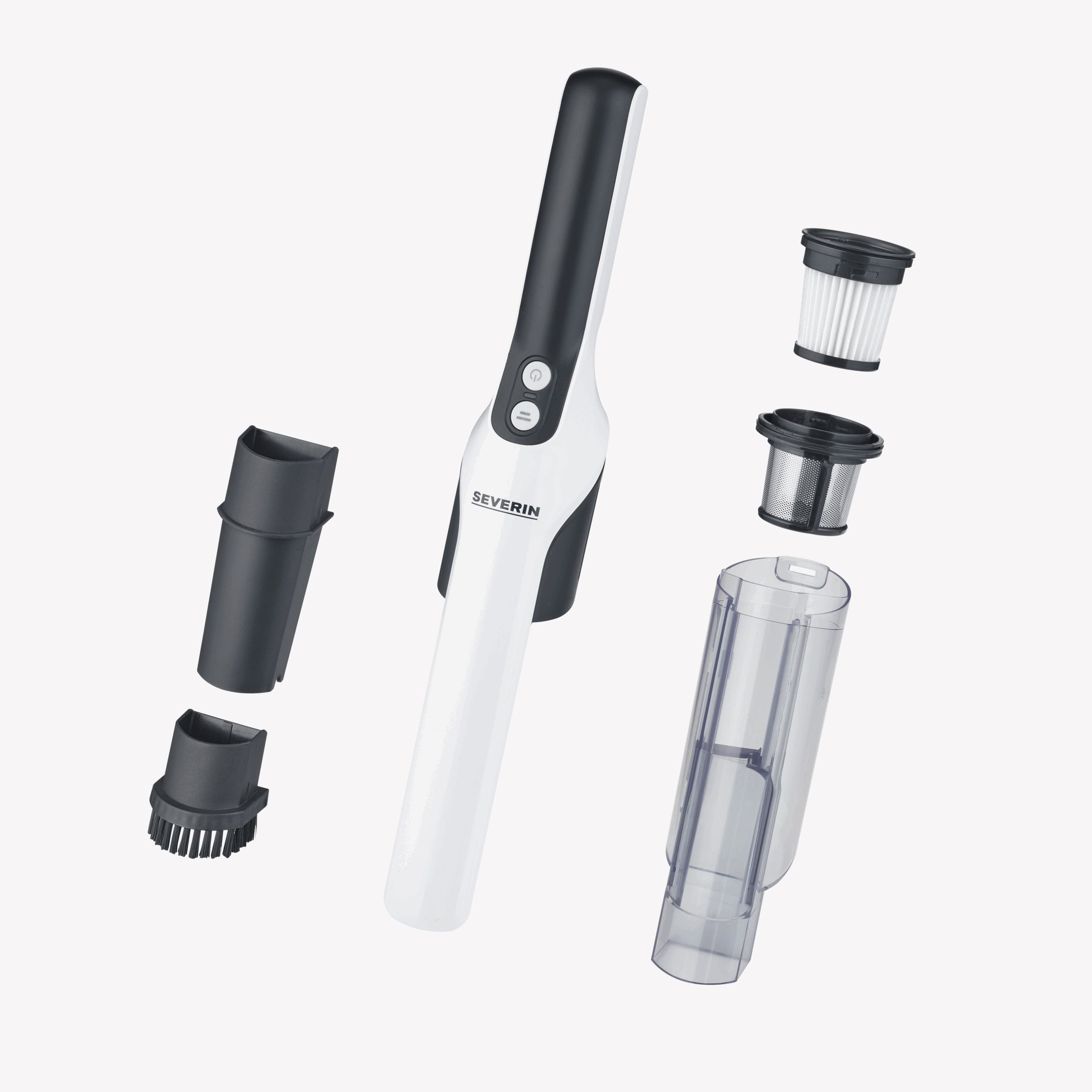 Zdemontowany biało-czarny odkurzacz ręczny z nasadkami na białym tle.