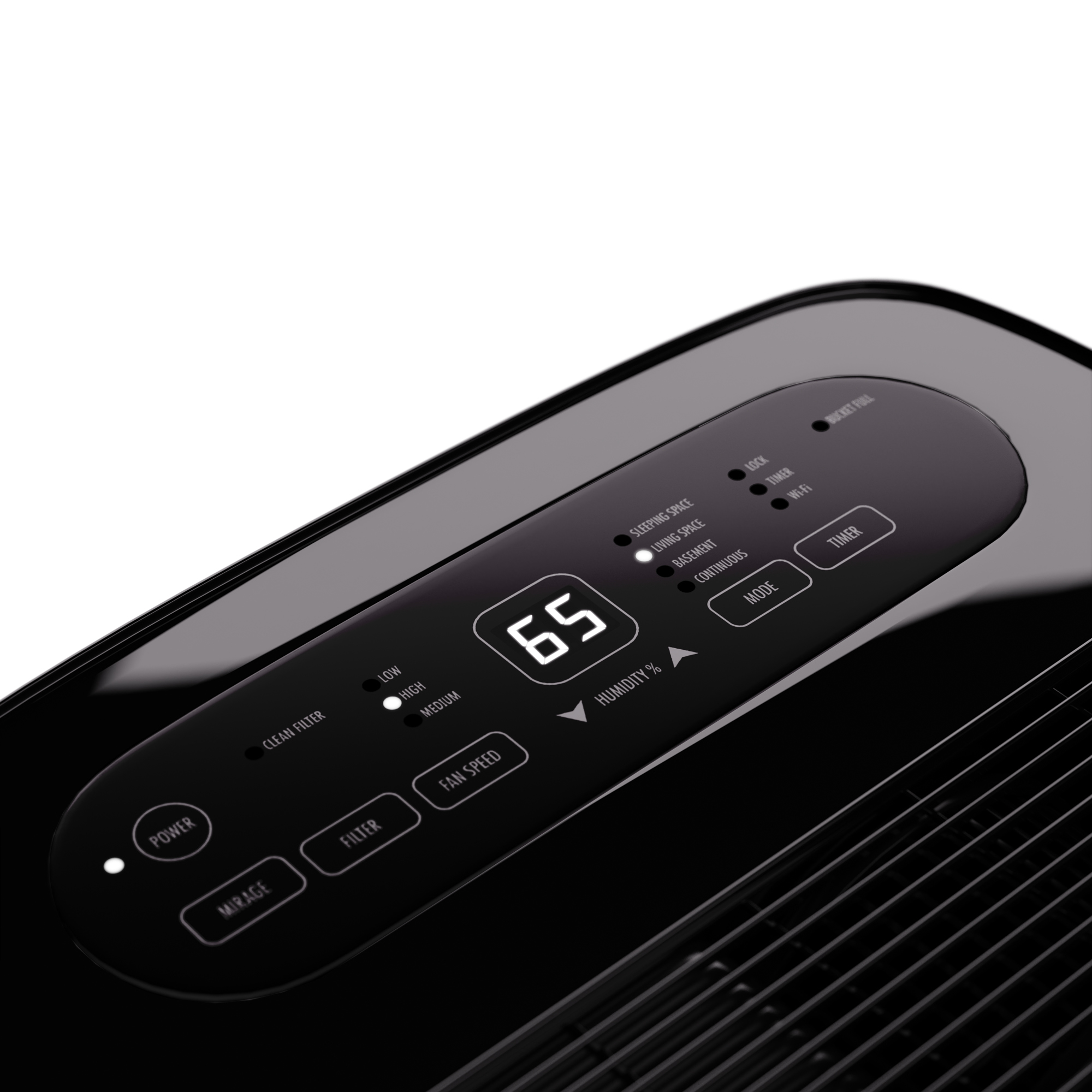 Pannello di controllo nero dell'apparecchio con display digitale che mostra '65', pulsanti per accensione, modalità, velocità ventola e umidità.