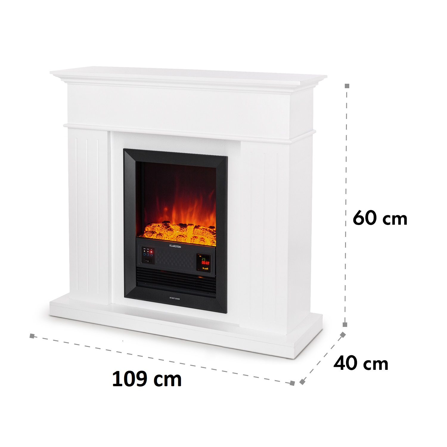 Ein weißer Elektrokamin mit schwarzem Feuerraum. Abmessungen: 109cm x 40cm x 60cm. Der Feuerraum zeigt eine simulierte Flamme.