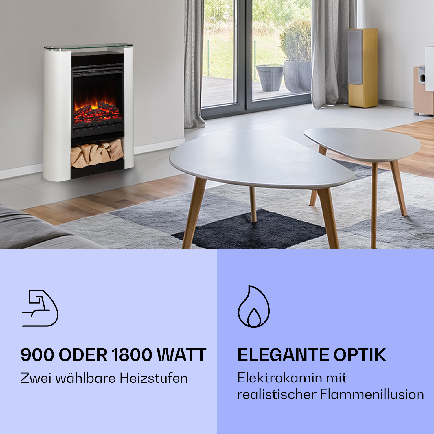Una chimenea eléctrica blanca con tapa de cristal, efecto de llama realista y almacenamiento de madera. Dos mesas delante.
