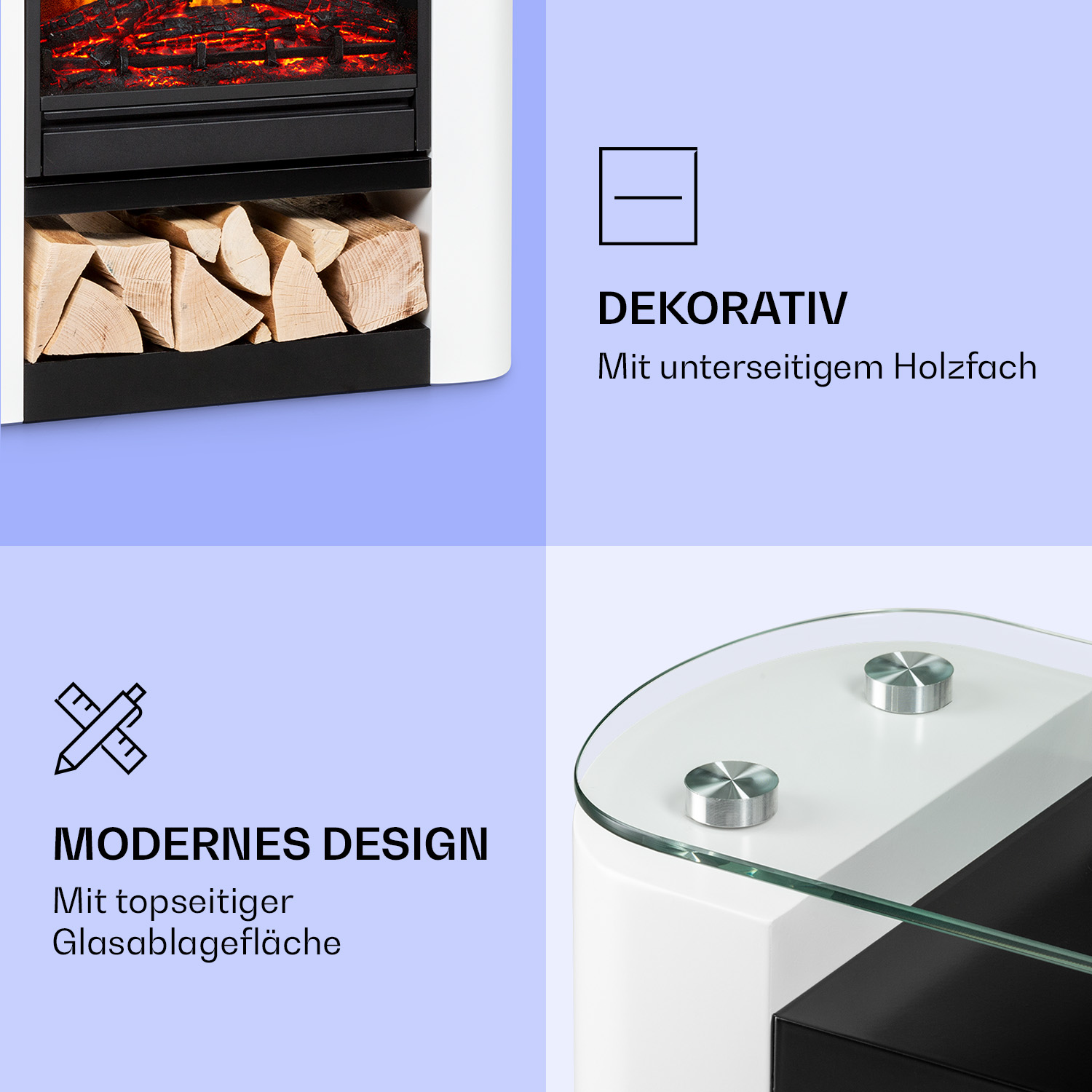 Una chimenea moderna con tapa de cristal, almacenamiento de madera y diseño decorativo. La chimenea tiene un diseño en blanco y negro con leña.