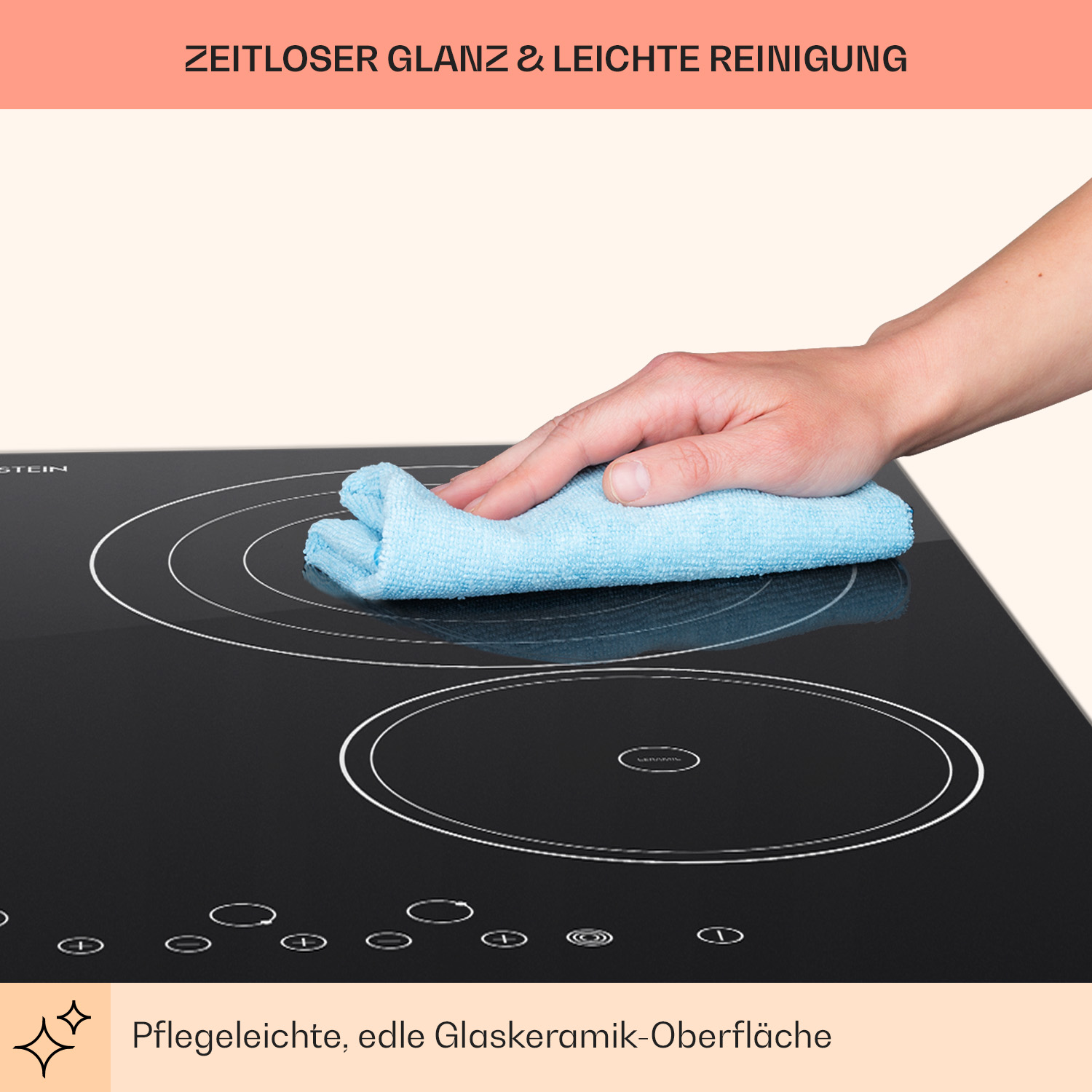 Eine Hand wischt ein schwarzes Glaskeramik-Kochfeld mit einem blauen Tuch ab. Das Kochfeld hat weiße kreisförmige Brenneranzeigen.