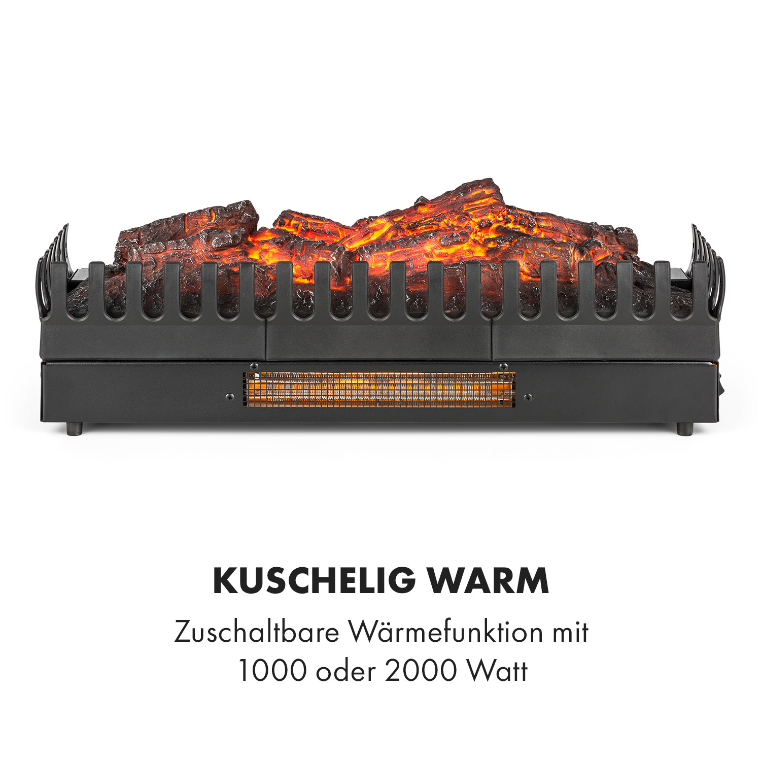 Ein elektrischer Kamin mit glühenden orangefarbenen Kunstholzscheiten, in einem schwarzen Metallrahmen, mit Text 'Kuschelig Warm' darunter.