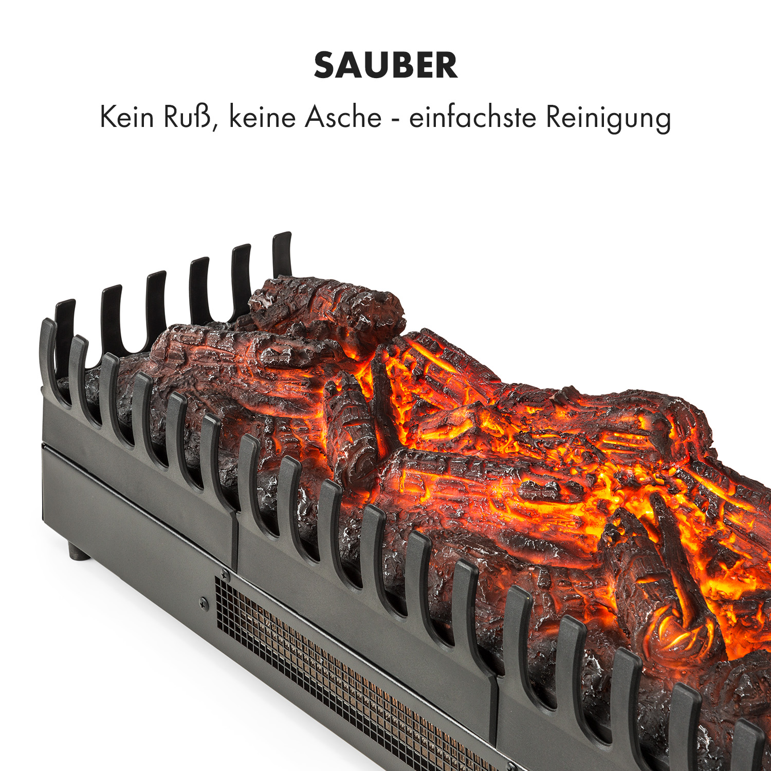 Ein dekorativer elektrischer Kamin mit realistischem Holzdesign. Er hat einen schwarzen Metallrost und nachgeahmte brennende Holzscheite.