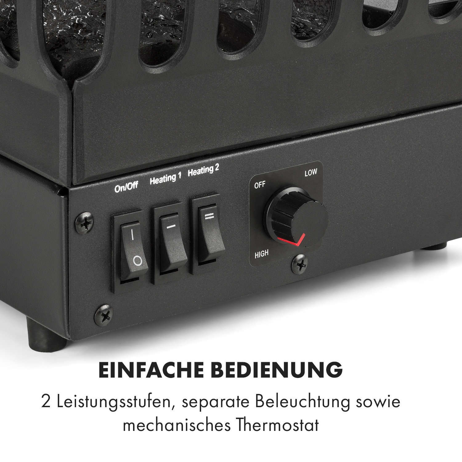 Nahaufnahme eines schwarzen Bedienfelds eines elektrischen Kamins. Es hat Schalter für Ein/Aus, Heizung und einen Drehregler.