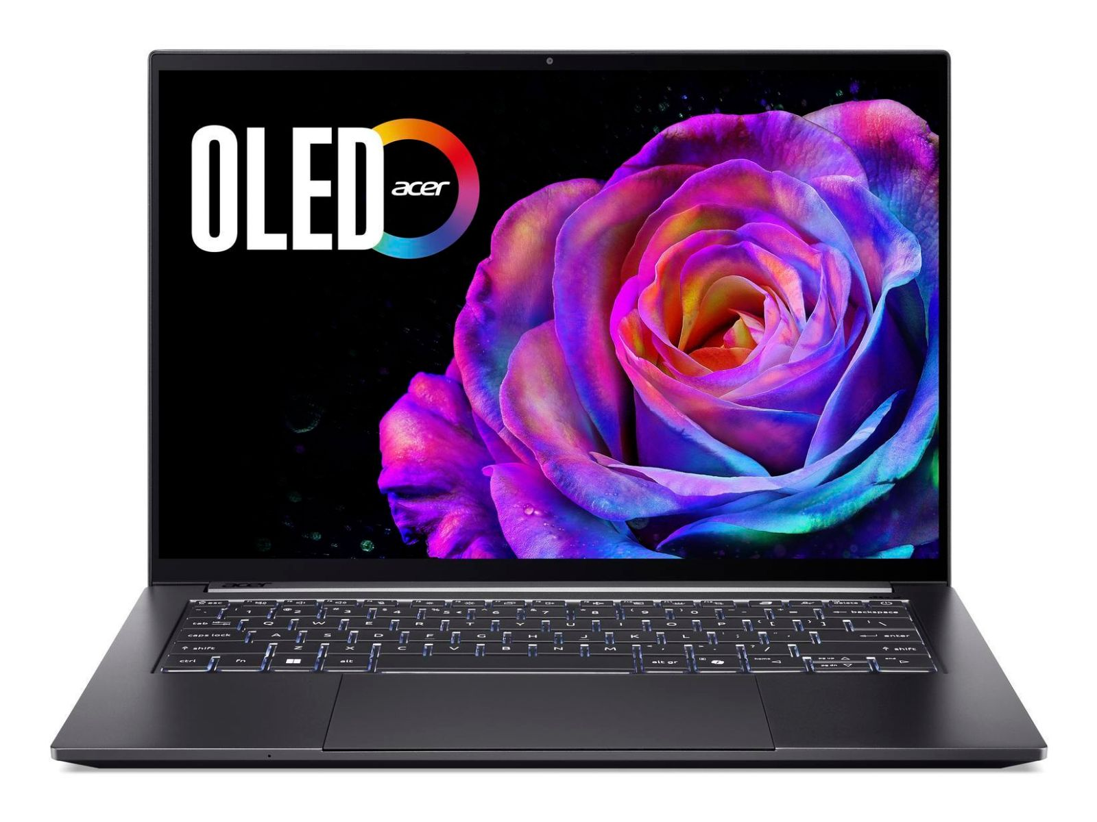 Laptop Acer z wyświetlaczem OLED pokazujący kolorową różę. Klawiatura jest widoczna. Tło jest czarne.