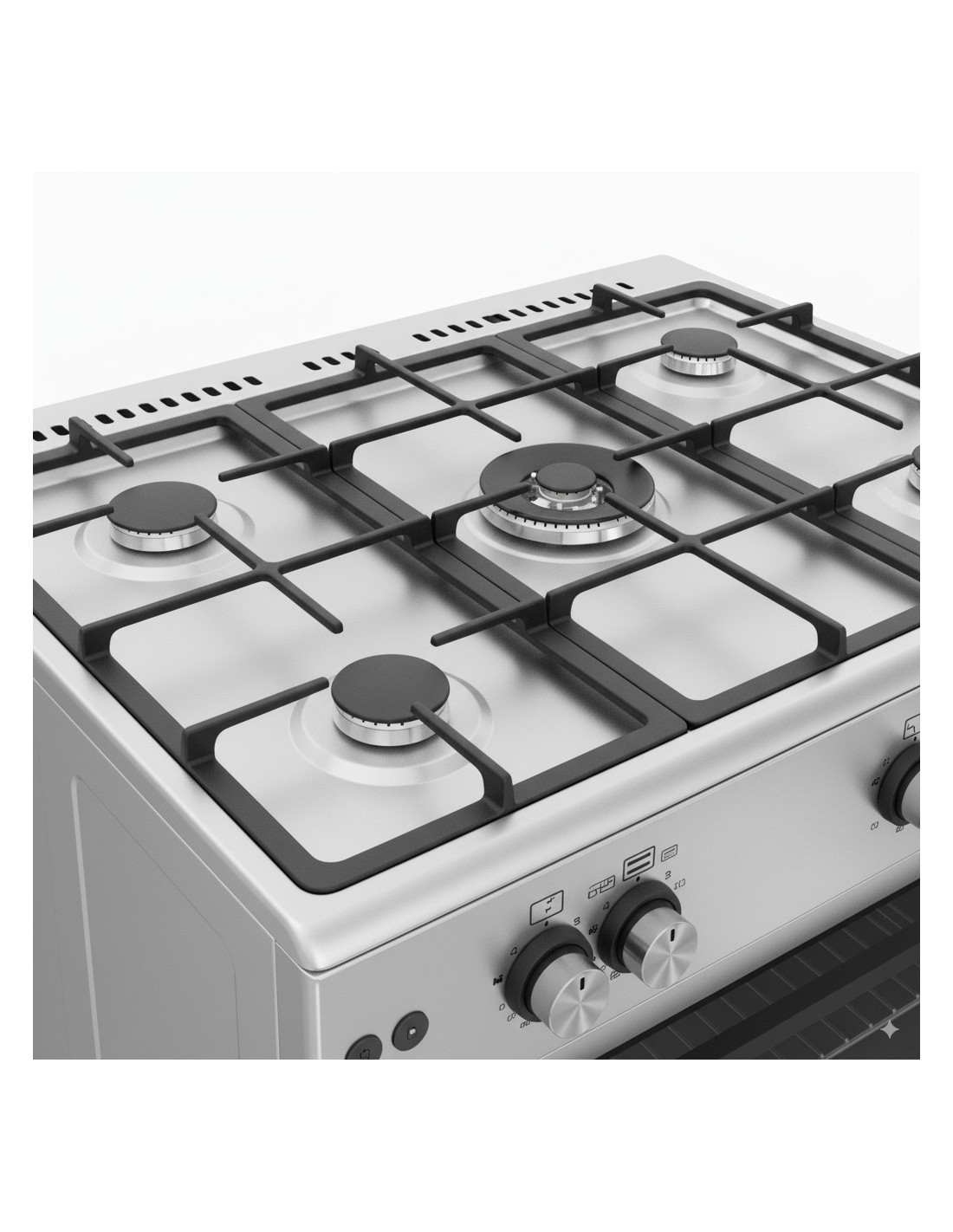 Una cocina de gas de acero inoxidable con cuatro quemadores y mandos. La cocina está sobre un fondo blanco, con un primer plano.