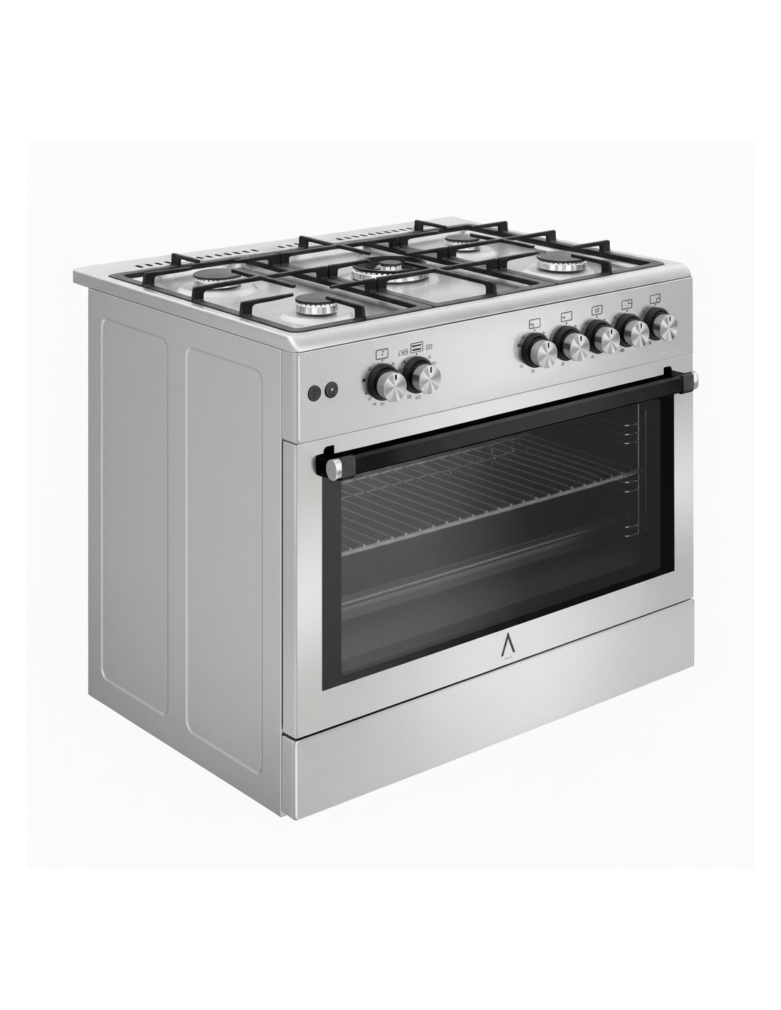 Una estufa de gas de acero inoxidable con seis quemadores y un horno. Se ven perillas y una puerta de vidrio. El fondo es blanco.