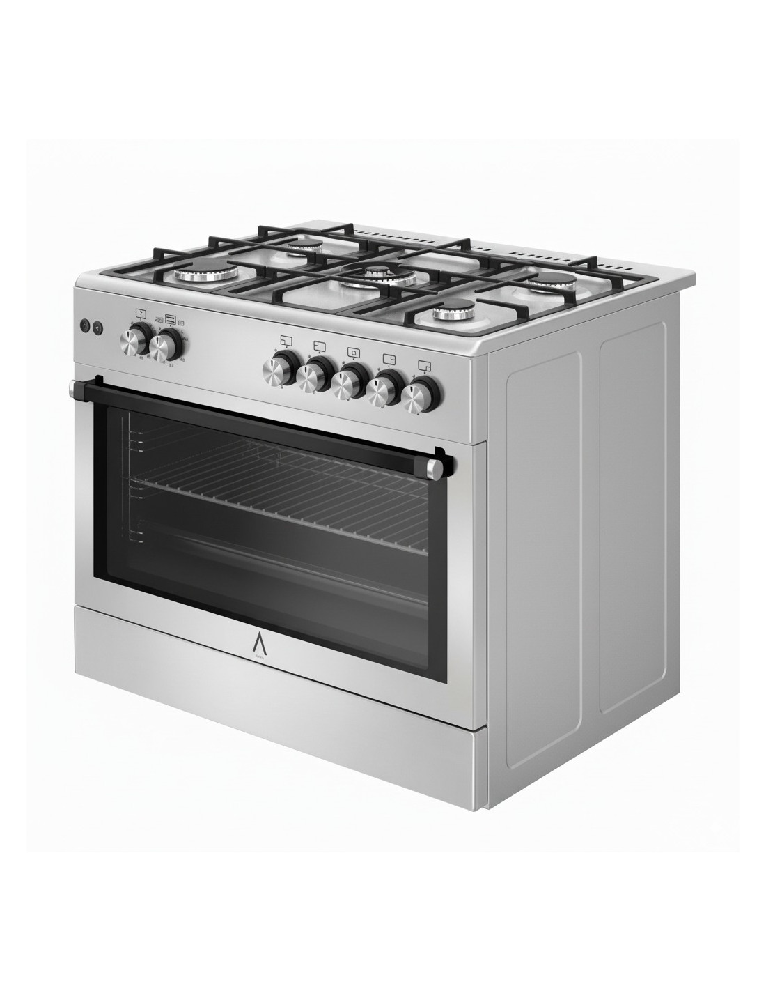 Una combinación de horno y encimera de acero inoxidable. La encimera tiene quemadores y la puerta del horno está abierta mostrando rejillas. Perillas al frente.