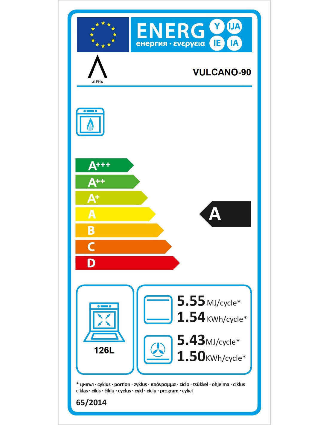Una etiqueta energética muestra la clase de eficiencia energética de un horno, clasificada como 'A'. Incluye información sobre el consumo y la capacidad.