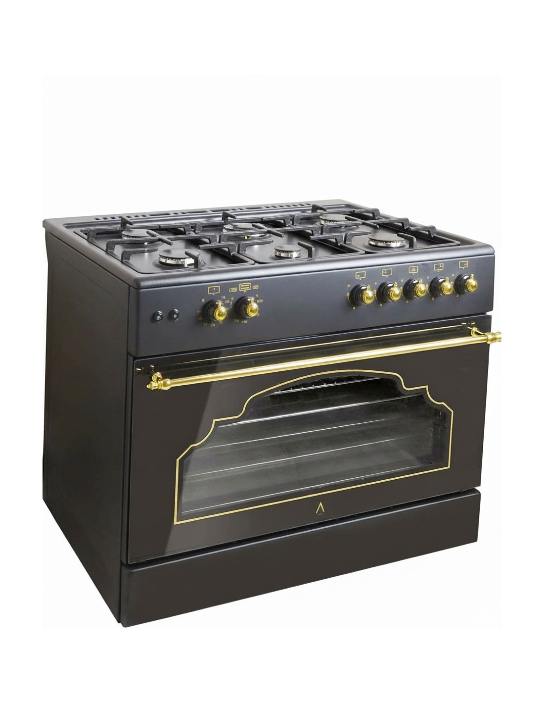 Se muestra una cocina de gas negra y dorada. La cocina tiene seis quemadores, perillas doradas y un horno con puerta de vidrio.