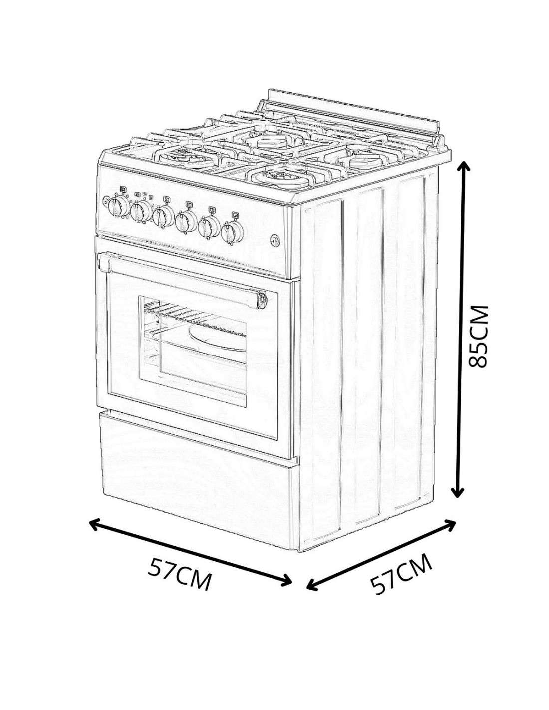 Dibujo delineado de una estufa con dimensiones. La estufa tiene una placa, puerta de horno y mandos. Dimensiones: 57x57x85cm.