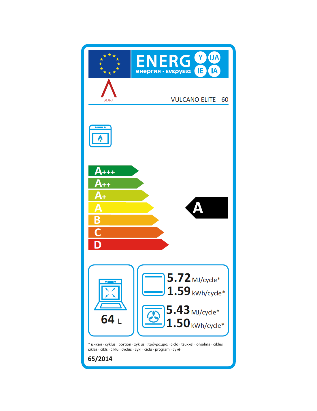 Etiqueta energética para horno Vulcano Elite 60. Muestra clasificaciones de eficiencia energética de A+++ a D y detalles de consumo.