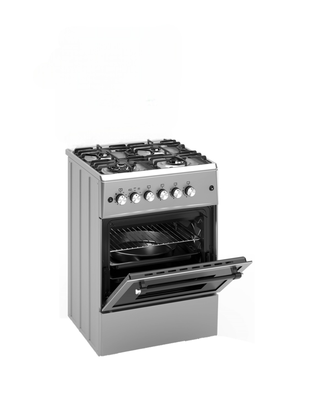 Una cocina de gas plateada con la puerta del horno abierta. Dentro del horno, se ve una sartén. La encimera tiene quemadores y perillas.