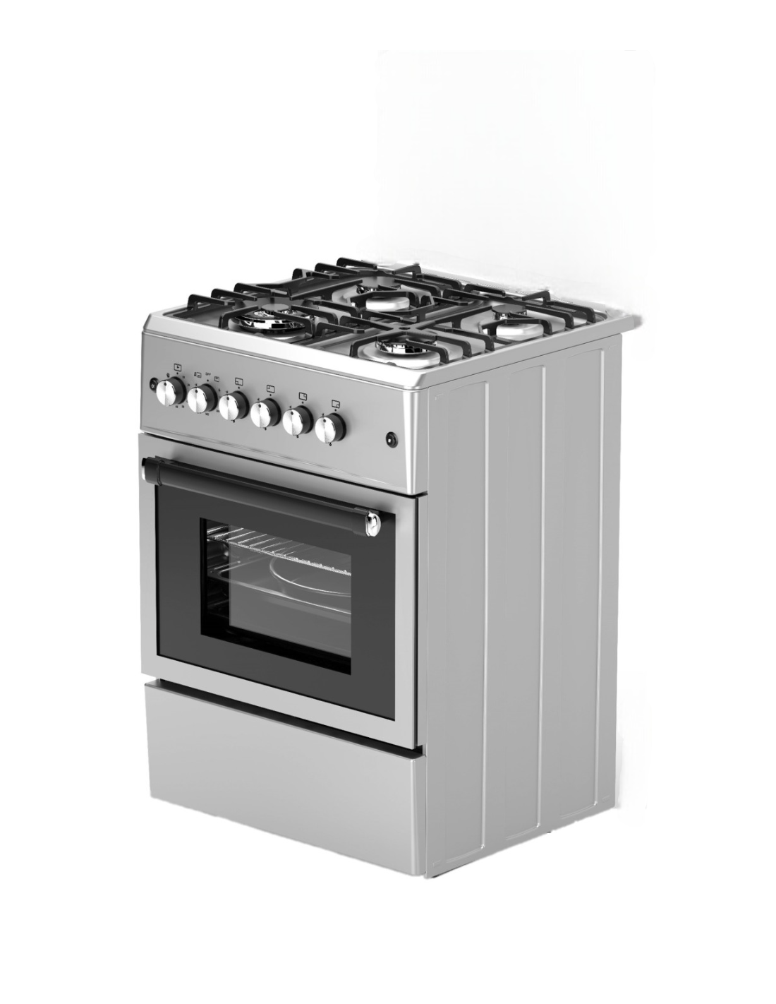Una cocina de gas de acero inoxidable con cuatro quemadores, un horno y perillas de control. Está sobre un fondo blanco.