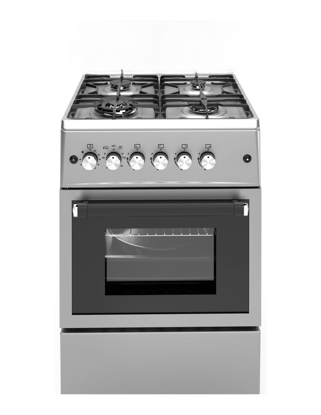 Una estufa de gas plateada con cuatro quemadores, perillas de control, puerta del horno y un cajón de almacenamiento.