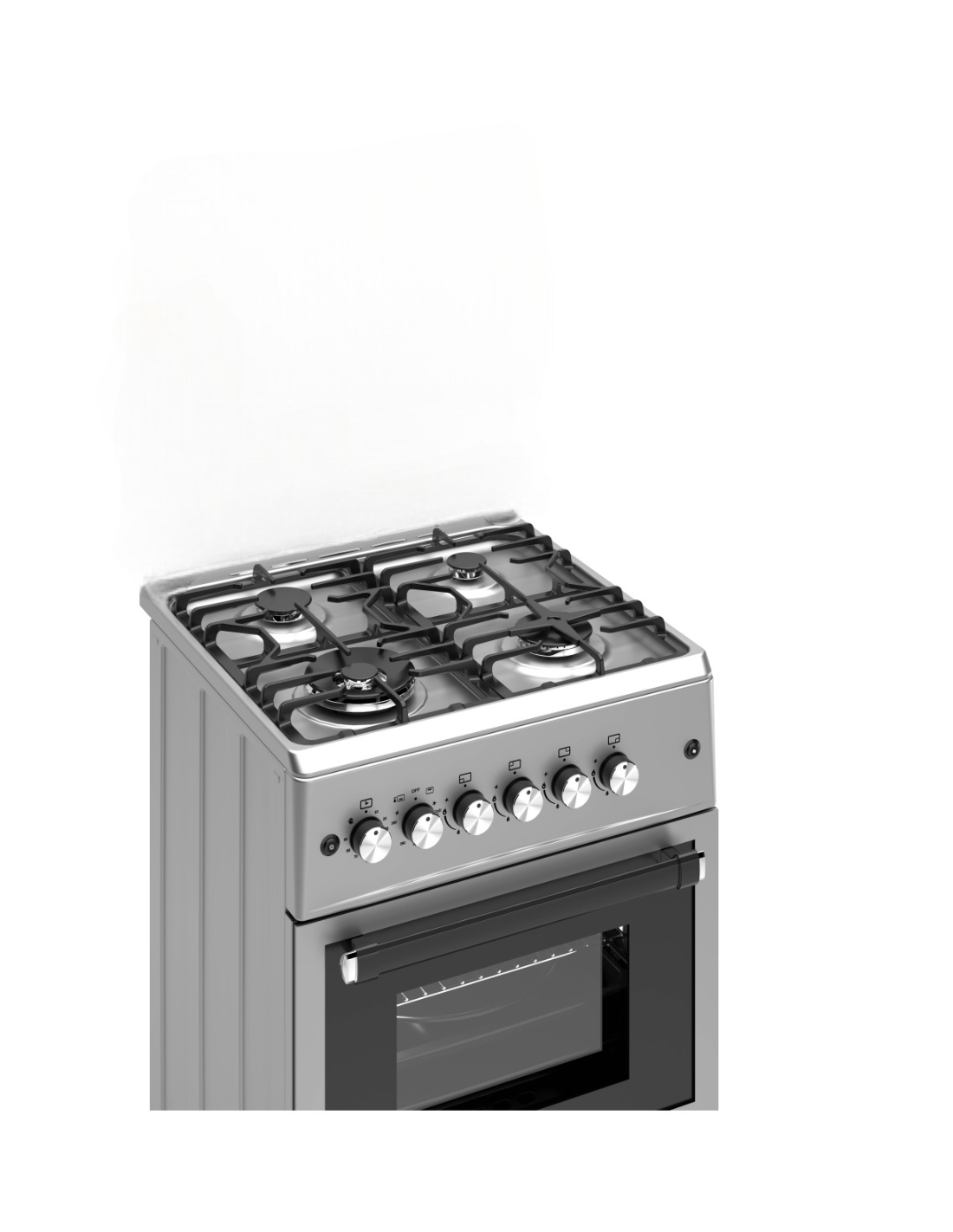 Una cocina de gas de acero inoxidable con cuatro quemadores y horno. Perillas visibles. La cocina contra un fondo blanco.