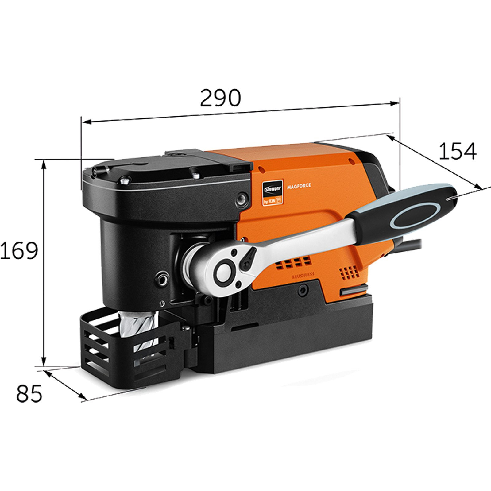 Eine orangefarbene und schwarze Magforce-Bohrmaschine mit Griff. Auf dem Bild sind die Abmessungen angegeben.