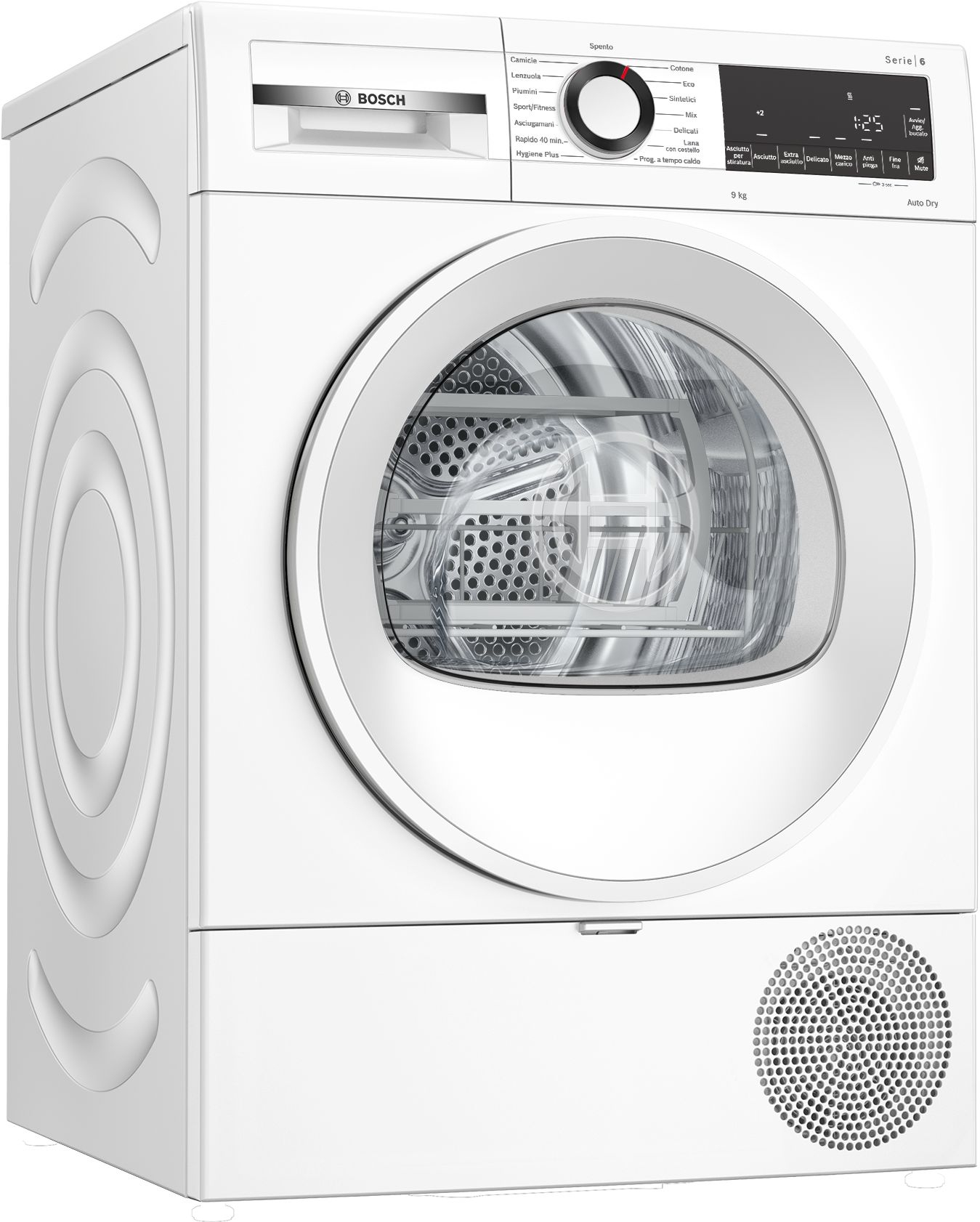 Asciugatrice Bosch Serie 6 bianca. Ha una porta rotonda con display digitale e manopola di controllo e uno sfiato inferiore.