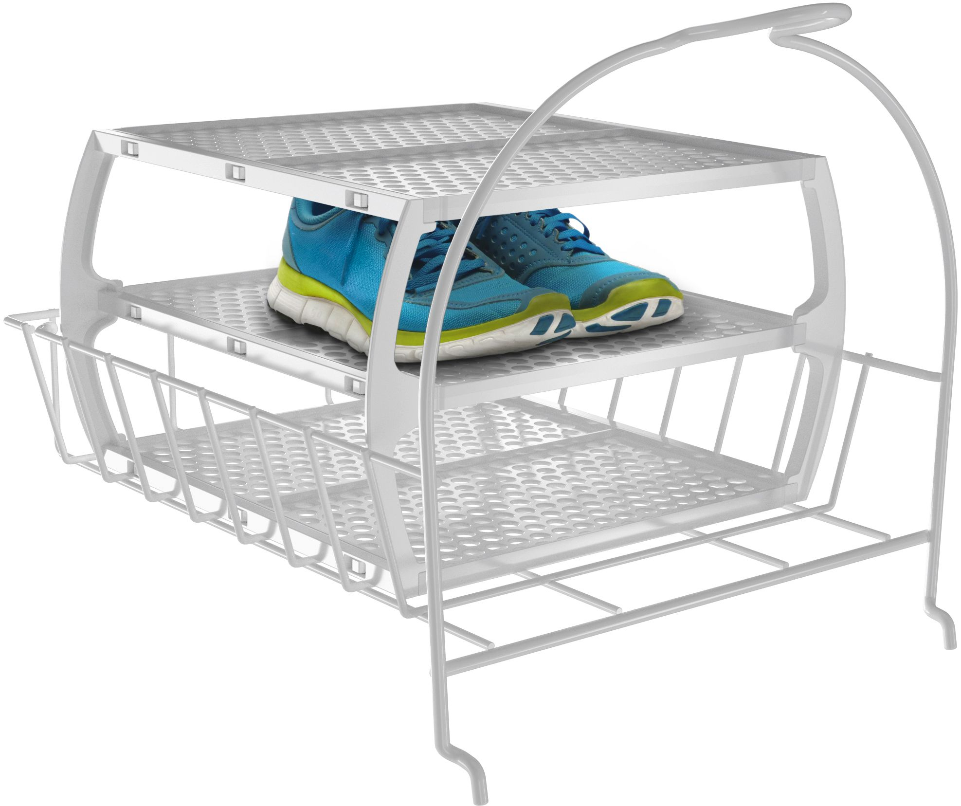Scaffale per scarpe bianco a due livelli, con scarpe da ginnastica blu e gialle. Il livello inferiore è vuoto.
