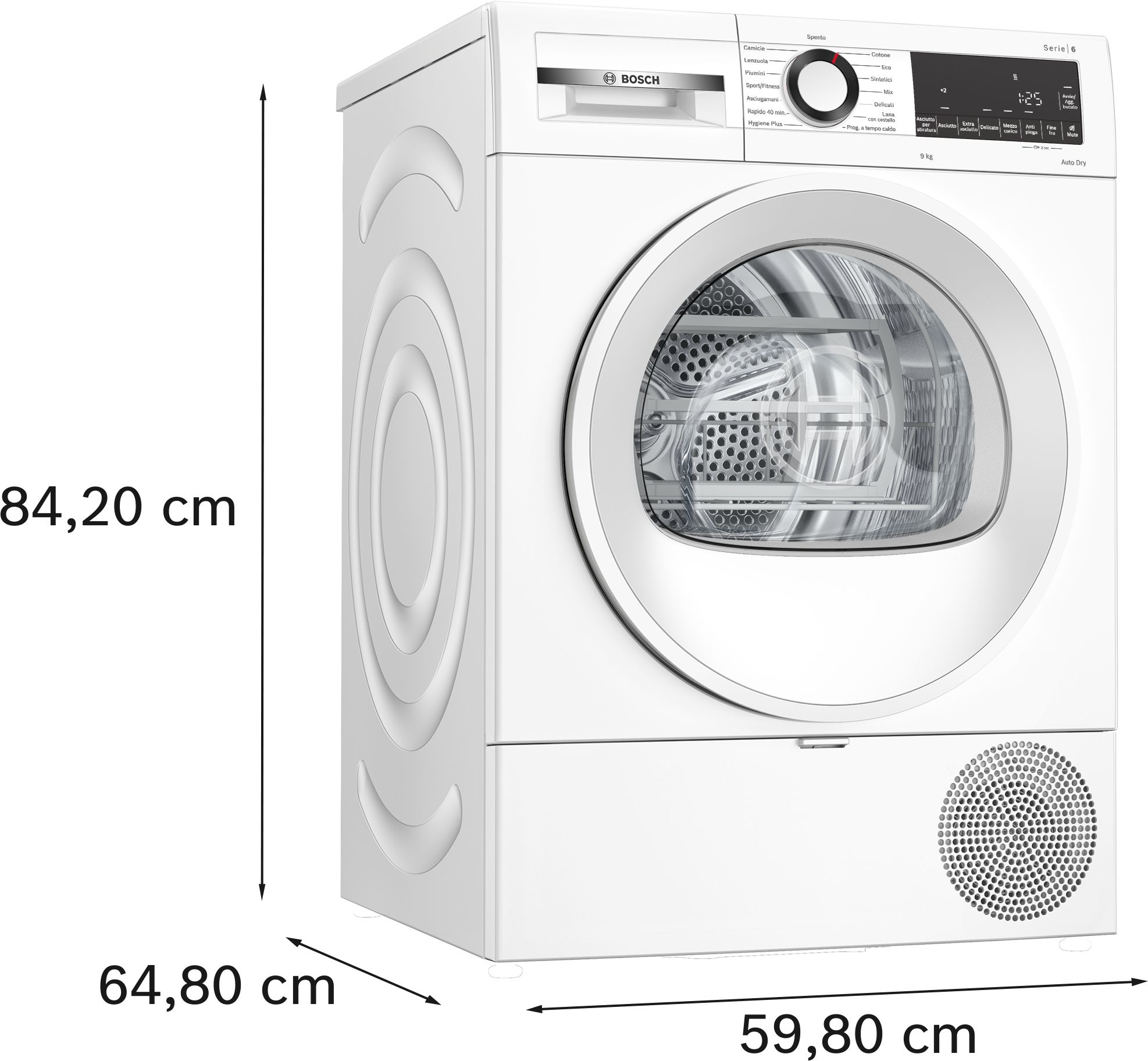 Un'asciugatrice Bosch bianca con porta a vetro. Dimensioni: 84,20 cm altezza, 64,80 cm larghezza e 59,80 cm profondità. Pannello superiore.