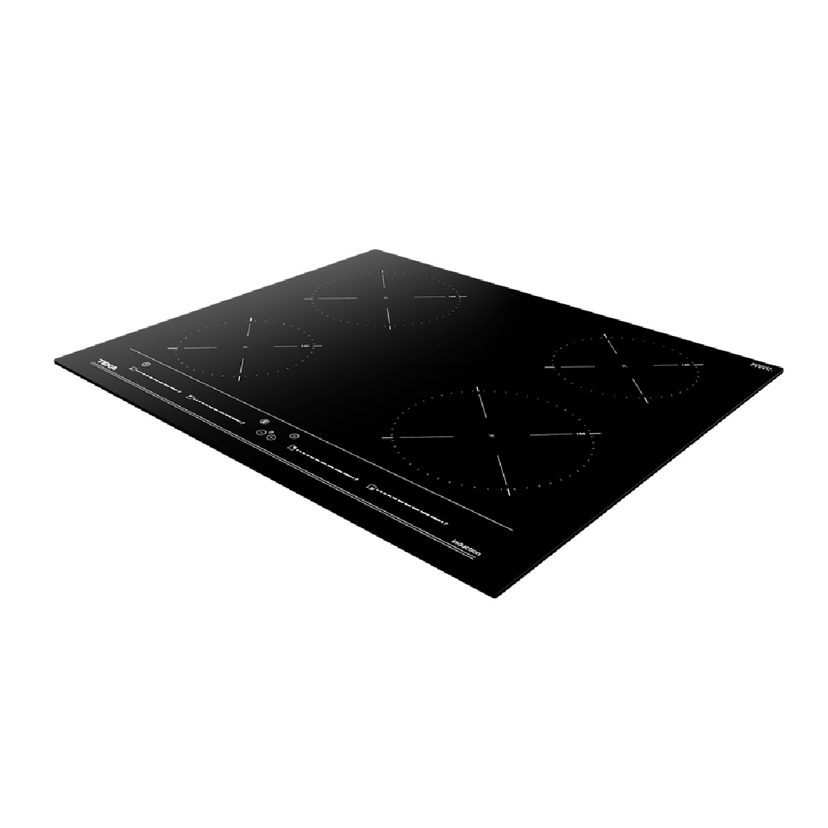 Una placa de inducción negra con cuatro zonas de cocción circulares. Tiene controles táctiles y la marca 'TEKA'.