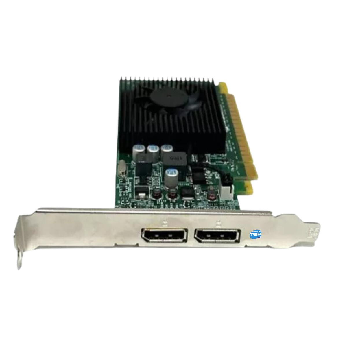 Una scheda grafica con dissipatore e ventola neri, circuito stampato verde e staffa argentata con due porte HDMI.