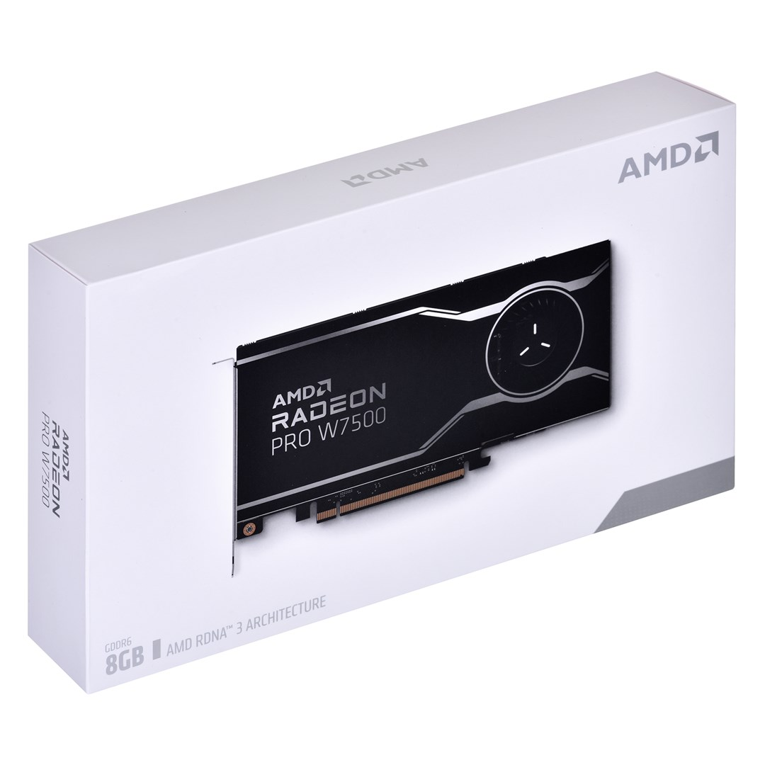 Białe pudełko z kartą graficzną AMD Radeon Pro W7500. Karta jest czarna ze srebrnymi akcentami, widoczne logo AMD.