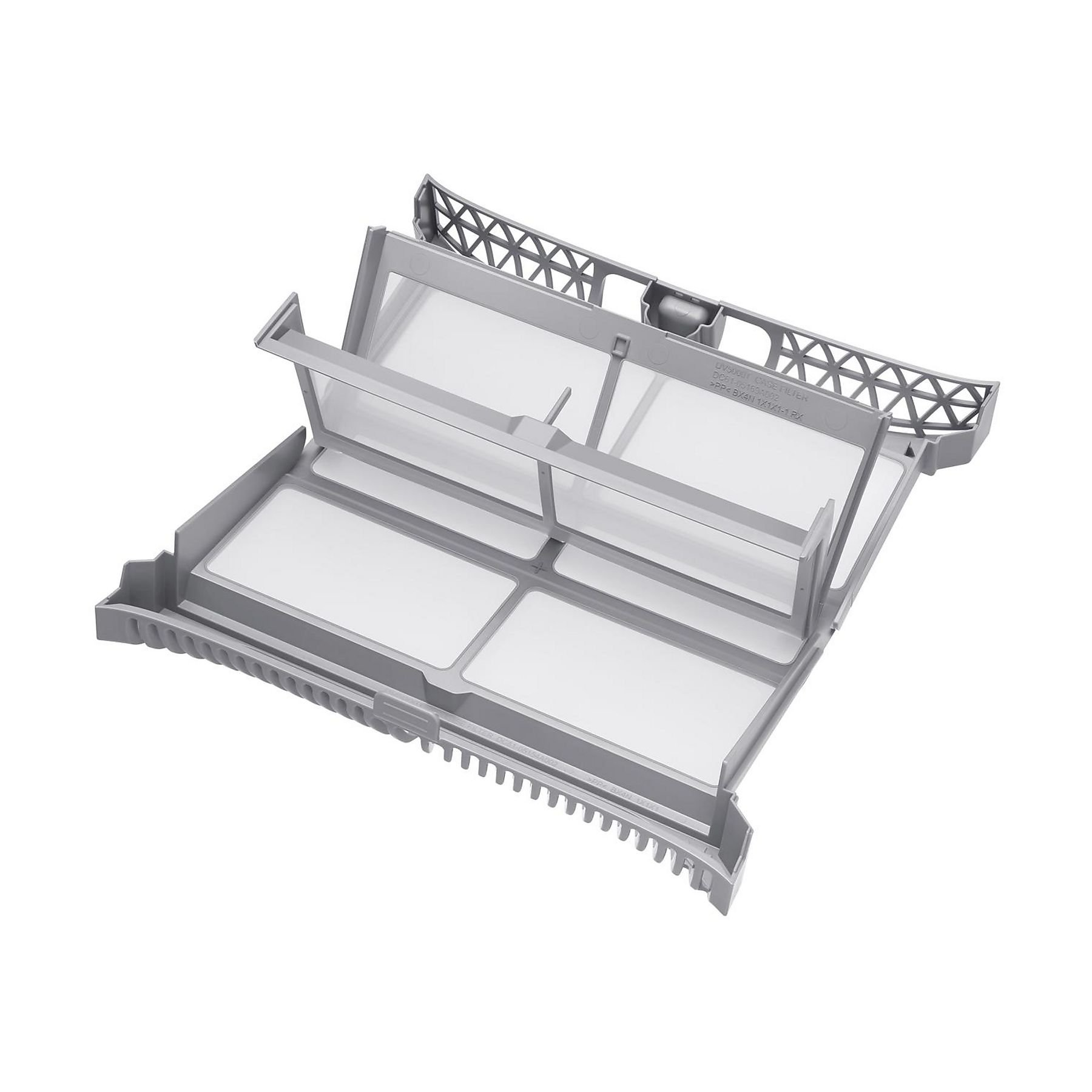 Un conjunto de filtro de secadora gris. Tiene múltiples pantallas de malla rectangulares, con un marco de plástico y un borde superior estampado.