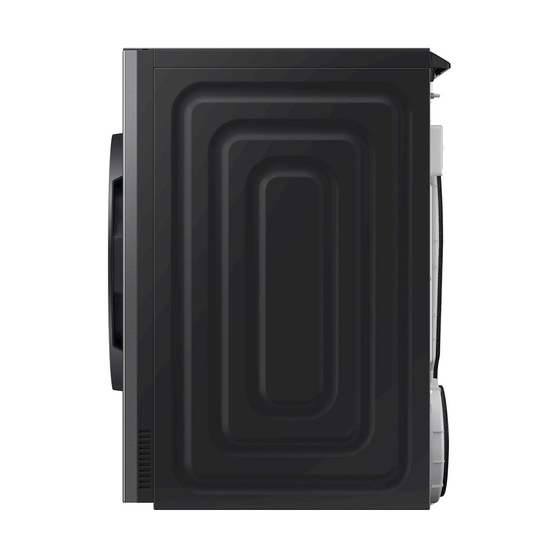 Vista lateral de una lavadora negra. La máquina tiene un panel trasero texturizado y un tirador de puerta, sobre un fondo blanco.