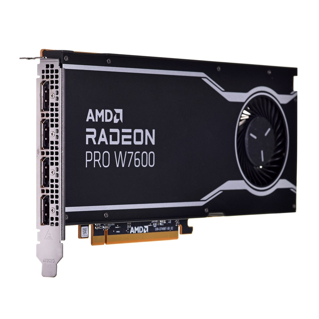 Czarno-srebrna karta graficzna AMD Radeon Pro W7600. Ma kilka portów, wentylator i logo AMD.