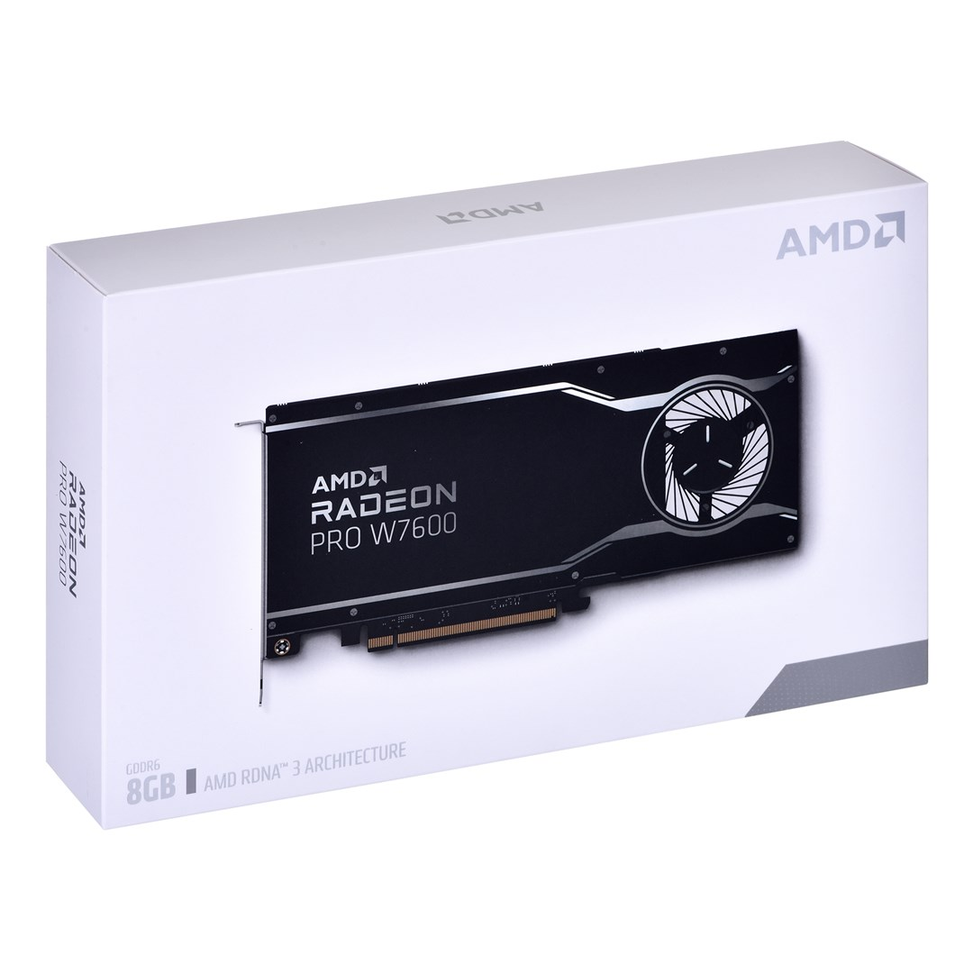 Białe pudełko z kartą graficzną AMD Radeon Pro W7600. Pudełko posiada logo AMD i szczegóły produktu. Karta jest czarna.