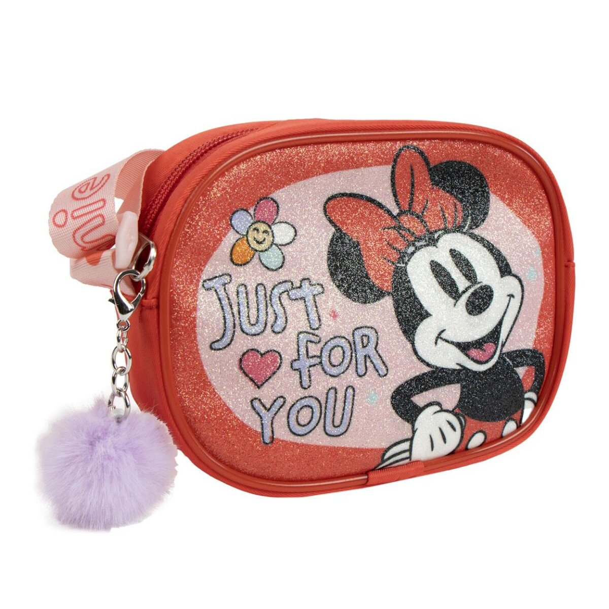 Riñonera roja de Minnie Mouse con el texto 'Just for You'. Incluye una flor, un corazón y un pompón morado.