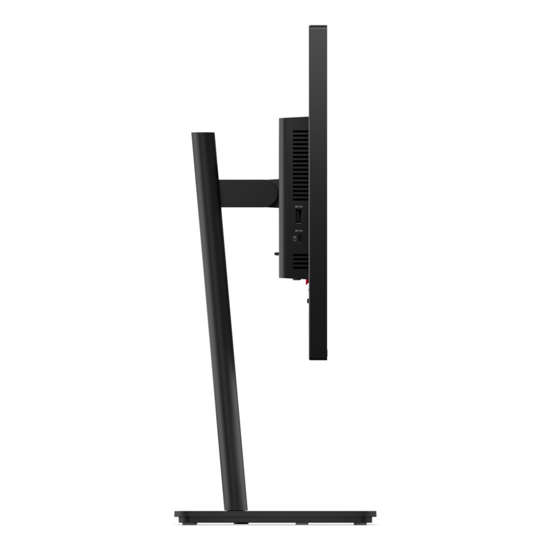 Czarny monitor komputera na białym tle. Monitor stoi na stojaku, widok z boku.