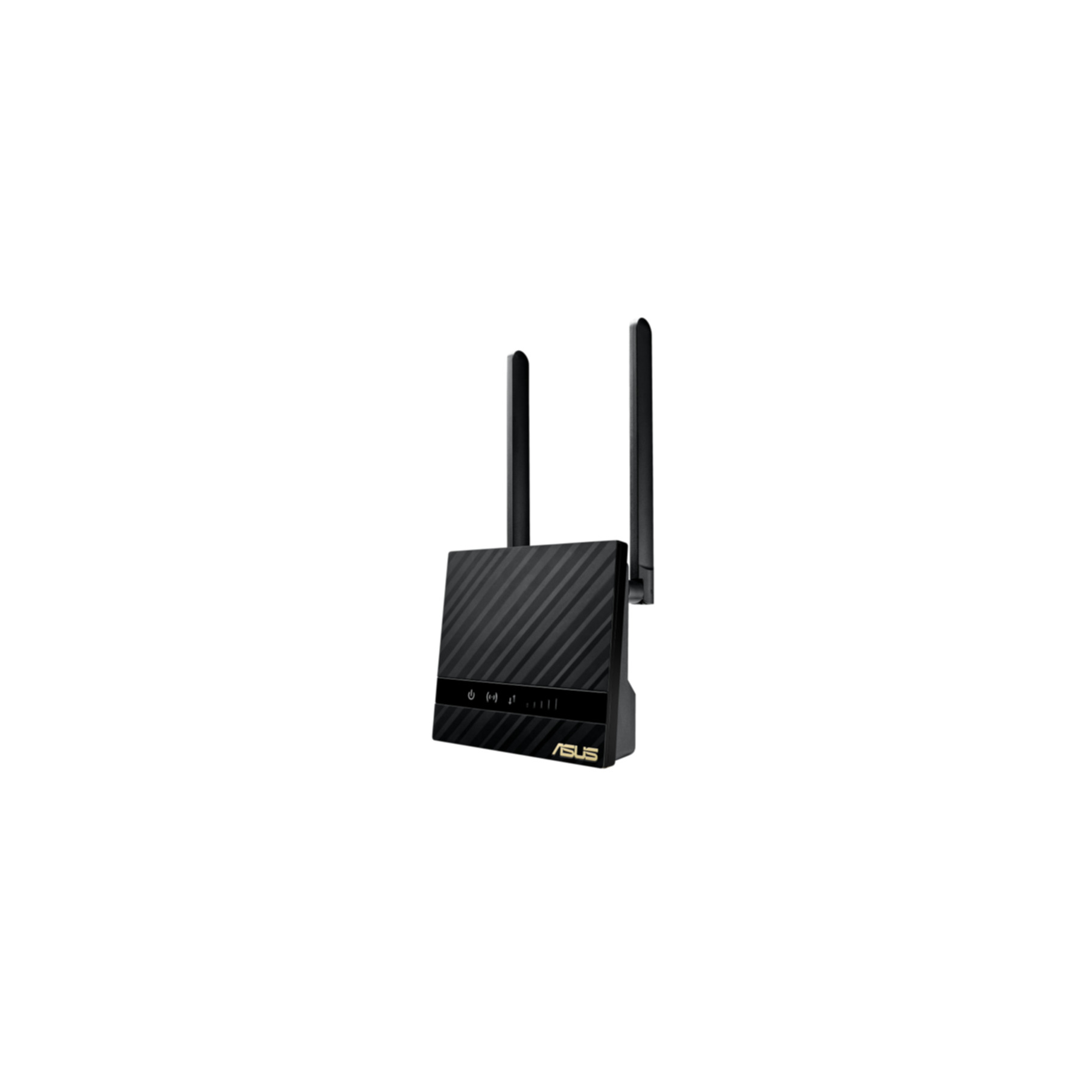Czarny router ASUS z dwiema antenami. Ma żebrowaną powierzchnię, wskaźniki zasilania i sygnału oraz logo ASUS.