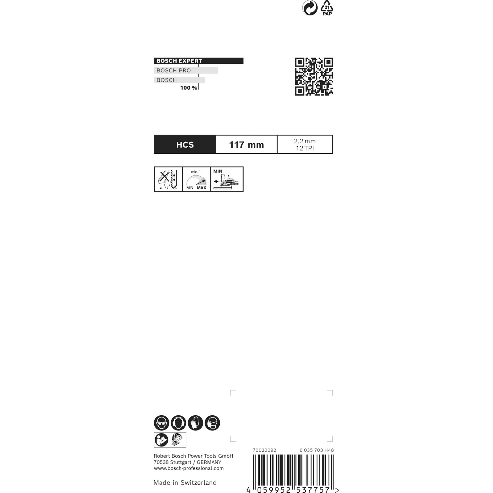 Białe tło z tekstem i ikonami. Pokazuje informacje o marce Bosch i specyfikacje narzędzia, w tym rozmiar i szczegóły materiału.