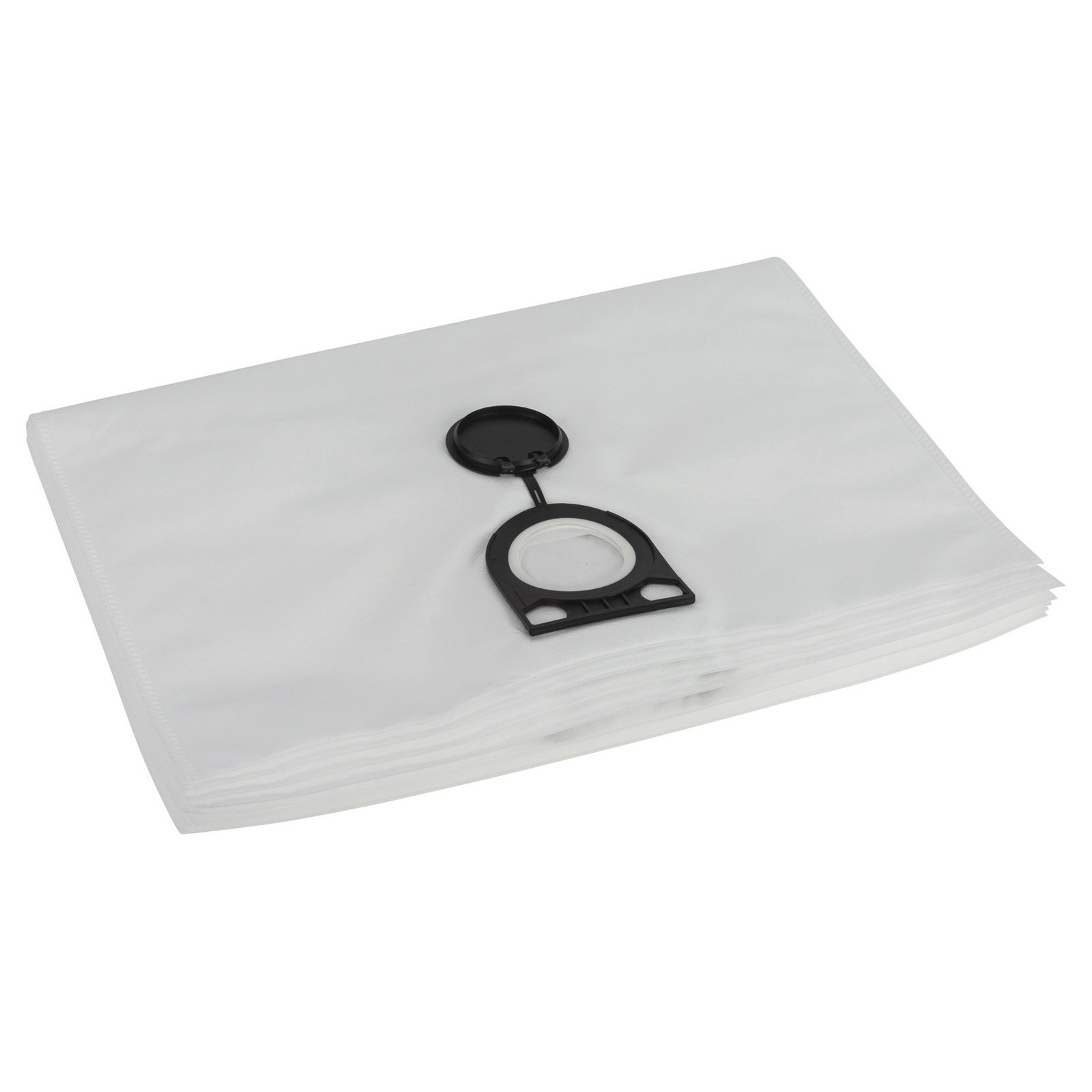 Bolsa blanca para aspiradora con un accesorio de plástico negro en la parte superior. La bolsa está doblada y sobre fondo blanco.