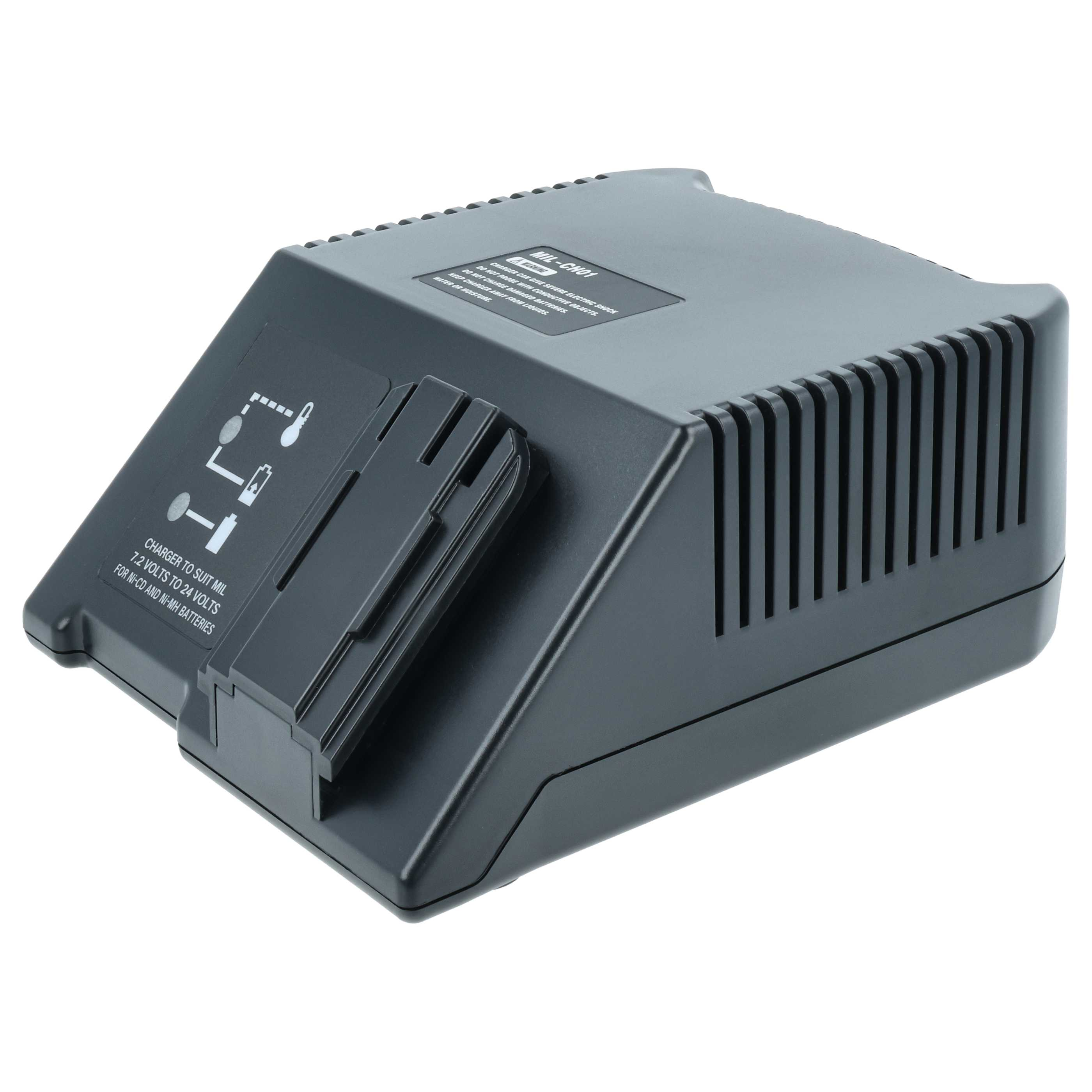 Ein graues Batterieladegerät mit schräger Front, Lüftungsschlitzen an der Seite und einem Ladeanschluss. Text auf dem Ladegerät.