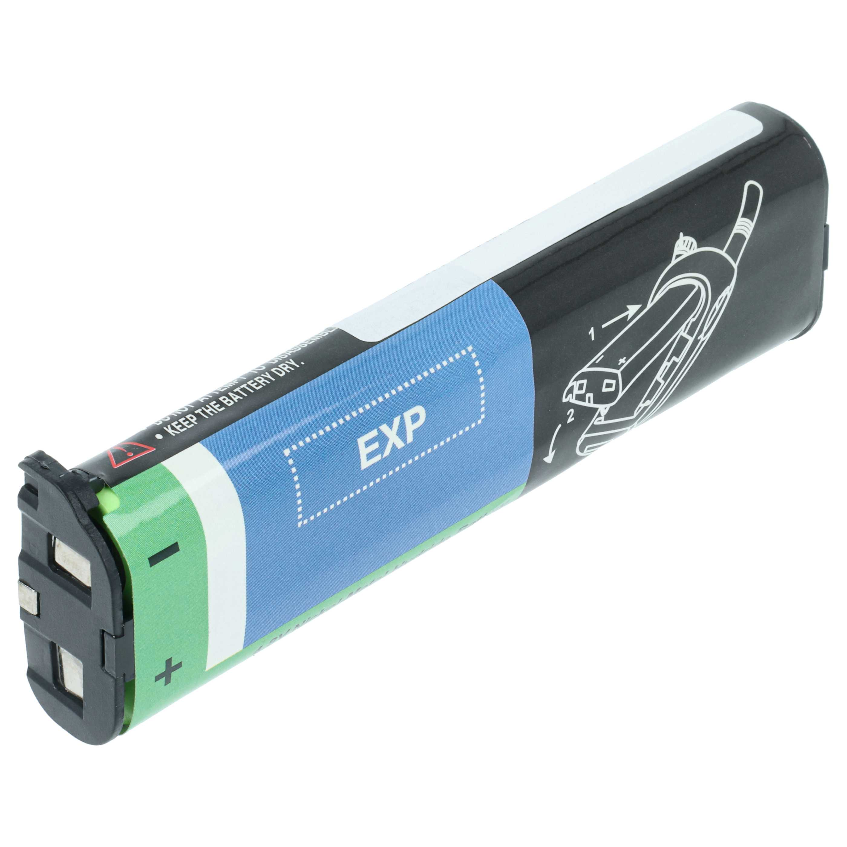Zylindrische Batterie mit schwarz-weißem Gehäuse, blau-grünem Etikett und einem Warnschild. Text lautet 'EXP' und 'Batterie trocken halten'.
