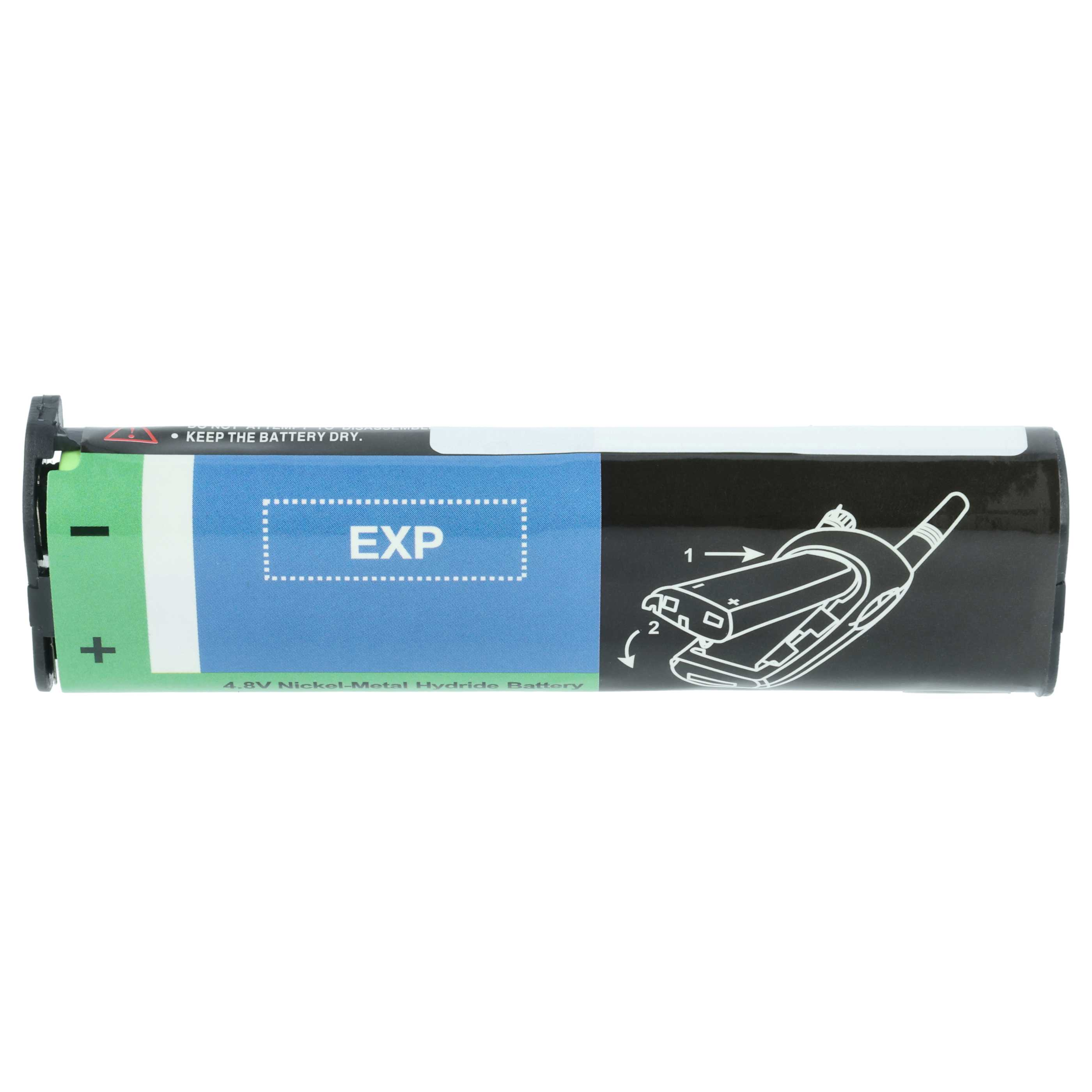 Eine Batterie mit grünen und blauen Abschnitten. Text enthält 'EXP' und '4,8V Nickel-Metall-Hydrid-Batterie'. Anweisungen sind auf der Seite.